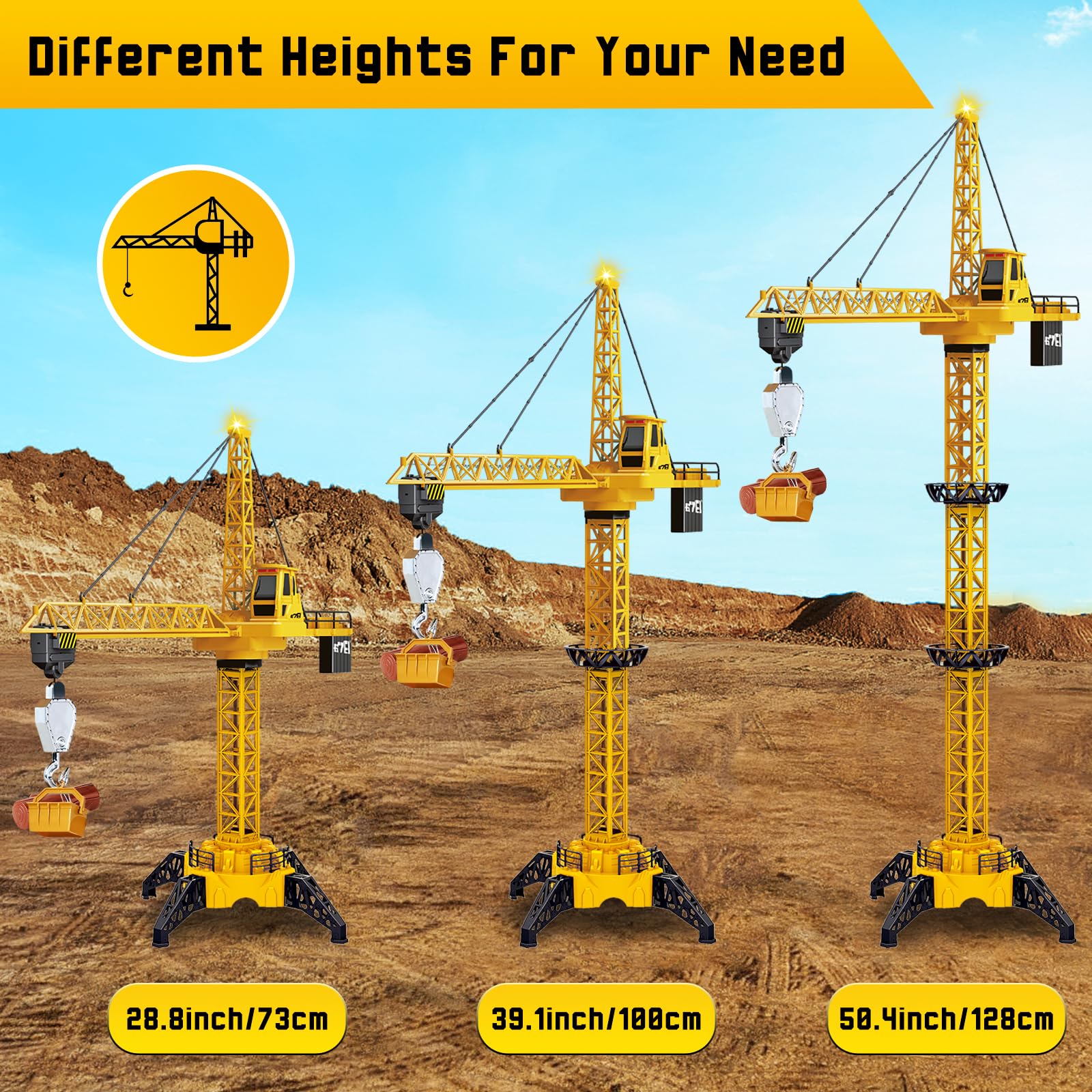 Ulikey Grúa Torre Teledirigida, 128 cm RC Grúas Torre de Construcción, 2.4GHz Gruas de Juguete de 6 Canales, Elevador Giratorio de 680, con Luces y Sonidos, Regalos para Niños de 3 a 10 Años