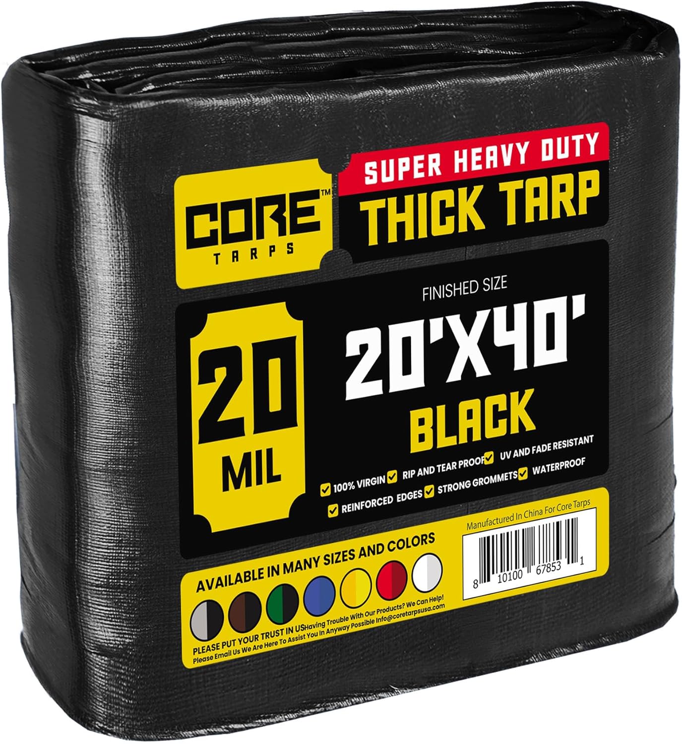 Core Tarps Extreme Heavy Duty 20 Mil Tarp Cover, Waterproof, UV Resistant, Rip and Tear Proof, Poly Tarpaulin with Reinforced Edges for Roof, Camping, Patio, Pool, Boat (Black 20 X 40)
