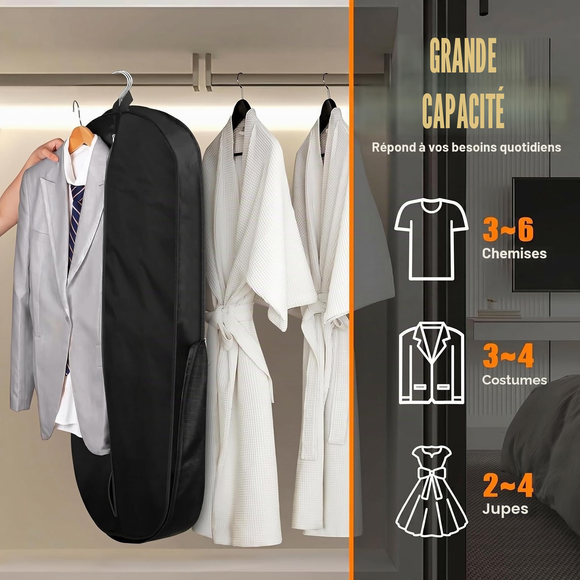 Sacs à vêtements lourds de 43 pouces pour voyage, sac de transport étanche pour homme et femme avec poignée et grande poche, bagage à main pour voyage d'affaires, vol, noir