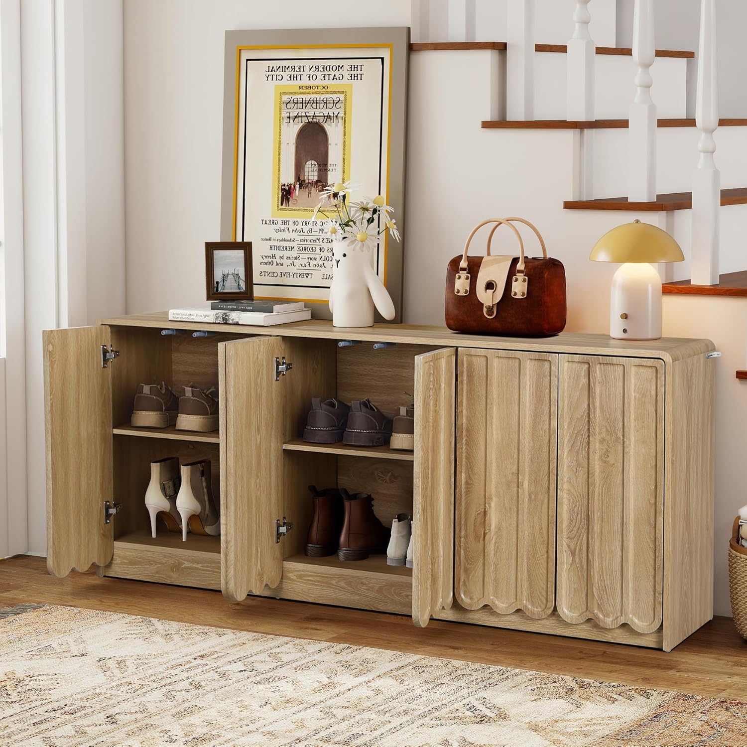ORRD Sideboard Buffet Cabinet with Storage, Low Storage Cabinet Modern Wooden Accent Credenza Console Table TV Stand with 6 Wave Panel Doors for Kitchen Dining Living Room Entryway, Natural