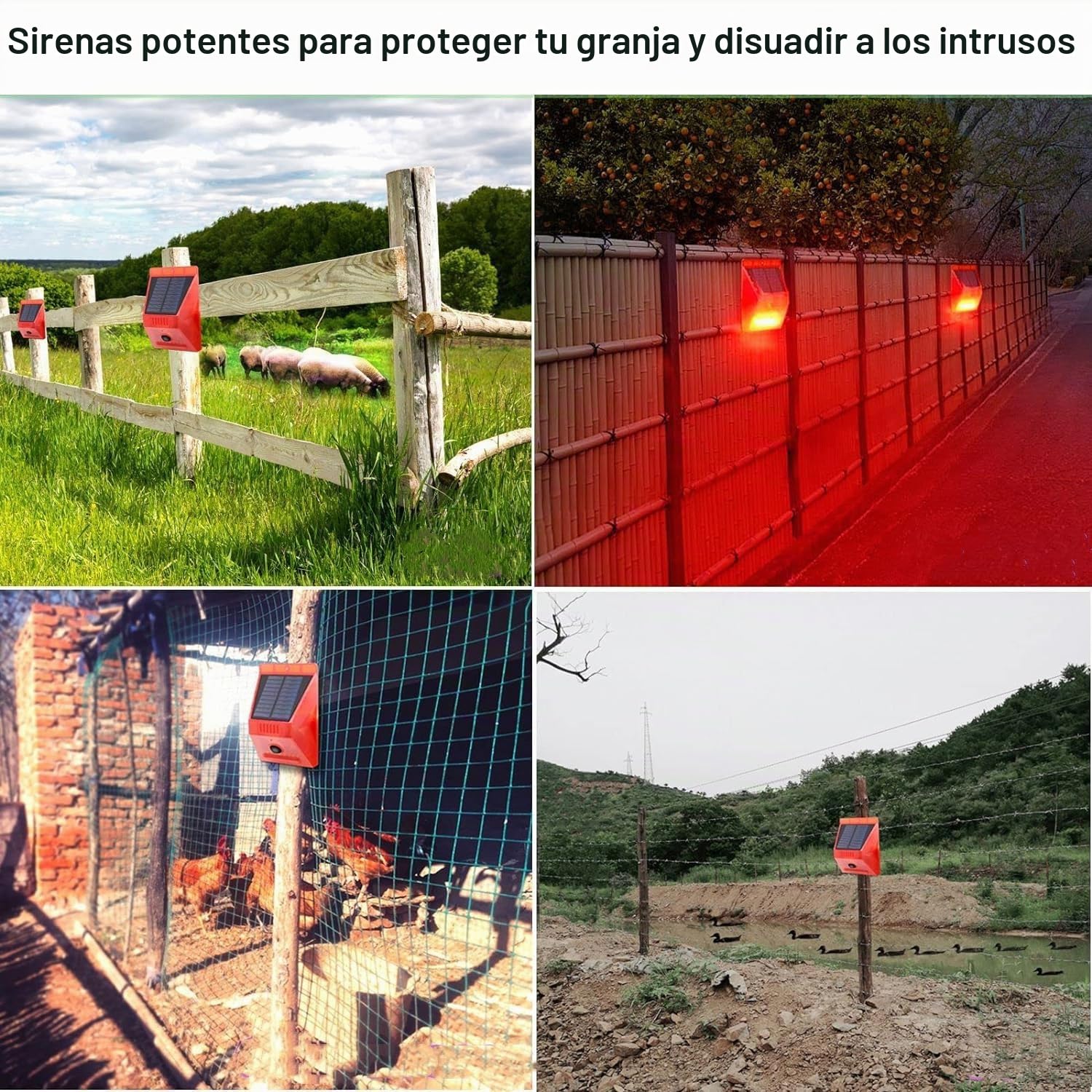 Alarma Solar con Sensor de Movimiento para Exteriores, generador de Ruido de Sirena de 129 dB , 4 Modos de Trabajo,con Control Remoto, para Patio, Granja