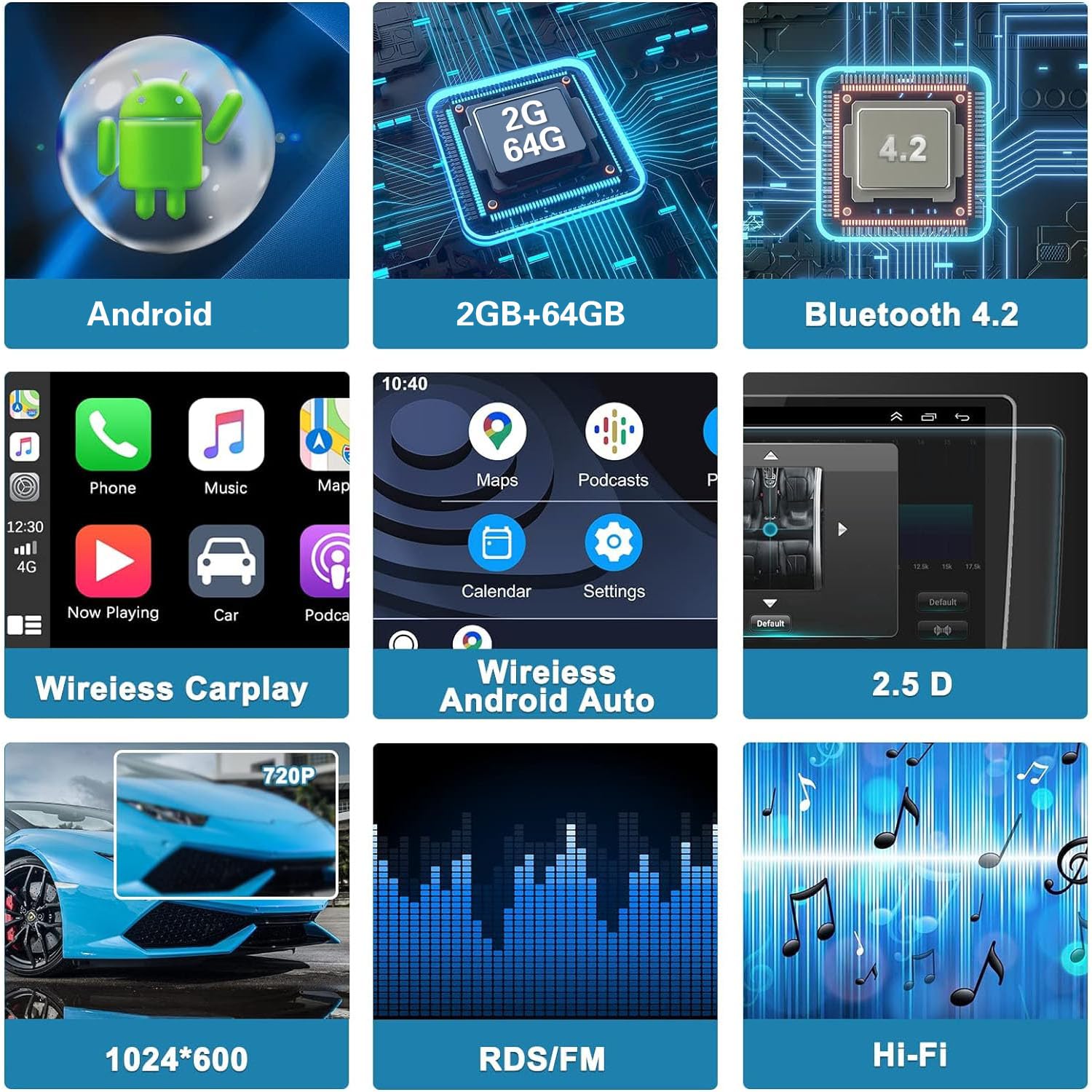 Hikity 9" HD Autoradio Android per VW Golf 5 T5 Polo con CarPlay Android Auto Wireless, Stereo 2 Din GPS con Schermo Navigatore WiFi RDS FM SWC USB BT Hi-Fi Canbus AHD Retrocamera [2G+64G]