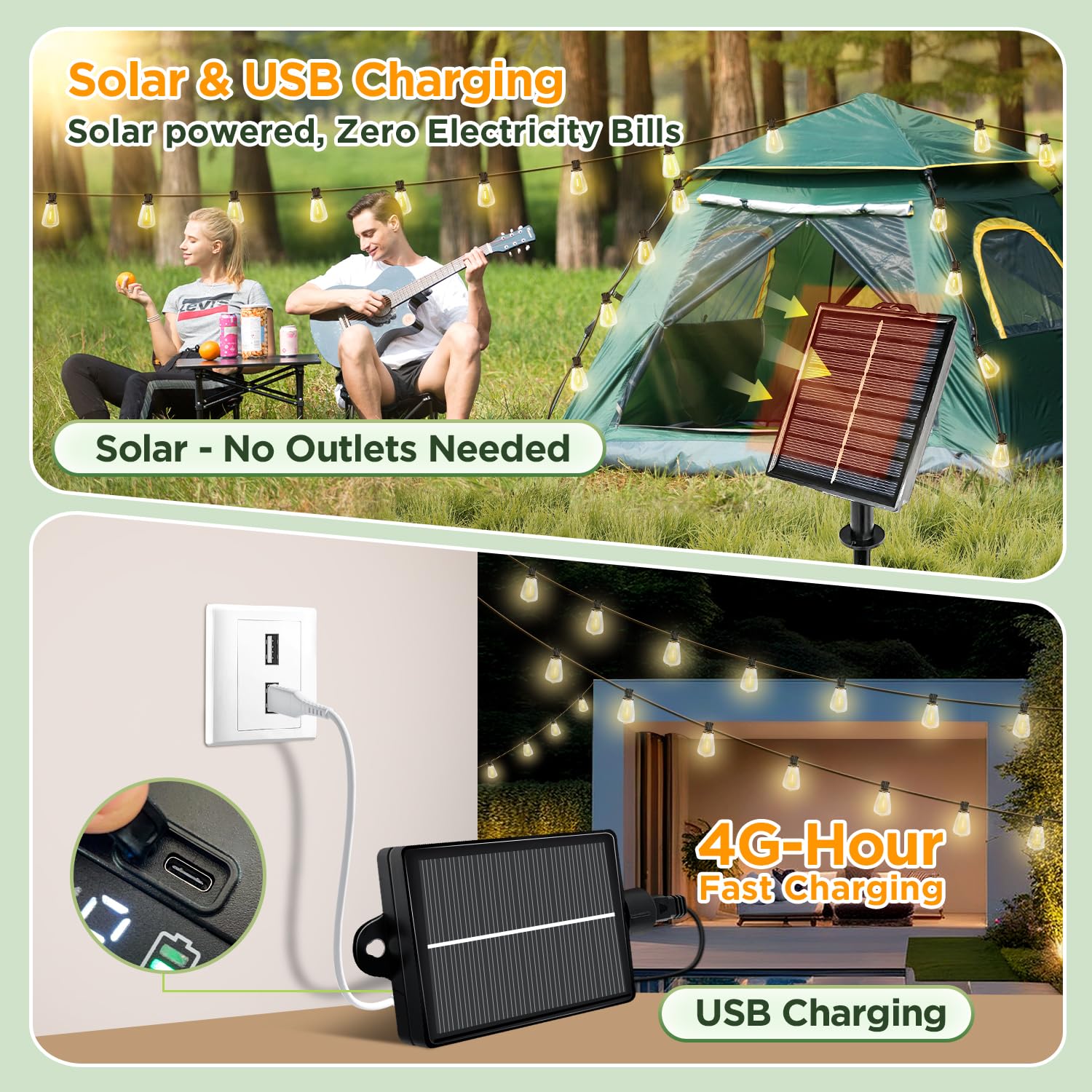 Guirnalda de luces solares para exteriores impermeables con control remoto y temporizador, bombillas LED ST38 inastillables, luces de patio alimentadas por USB y energía solar para patio