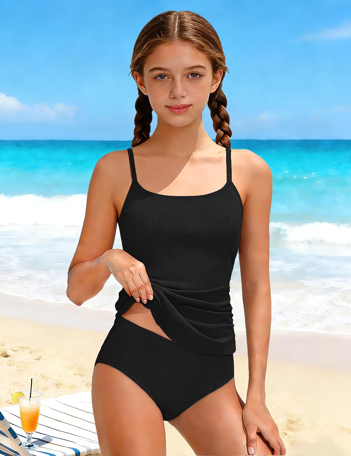 CRISONE Girl Swimsuit 2 Piece Ribbed Solid Color+Tropical Print Tankini Swimsuits Modest Swimwear Girl Bathing Suit for 9-16T - Image 2