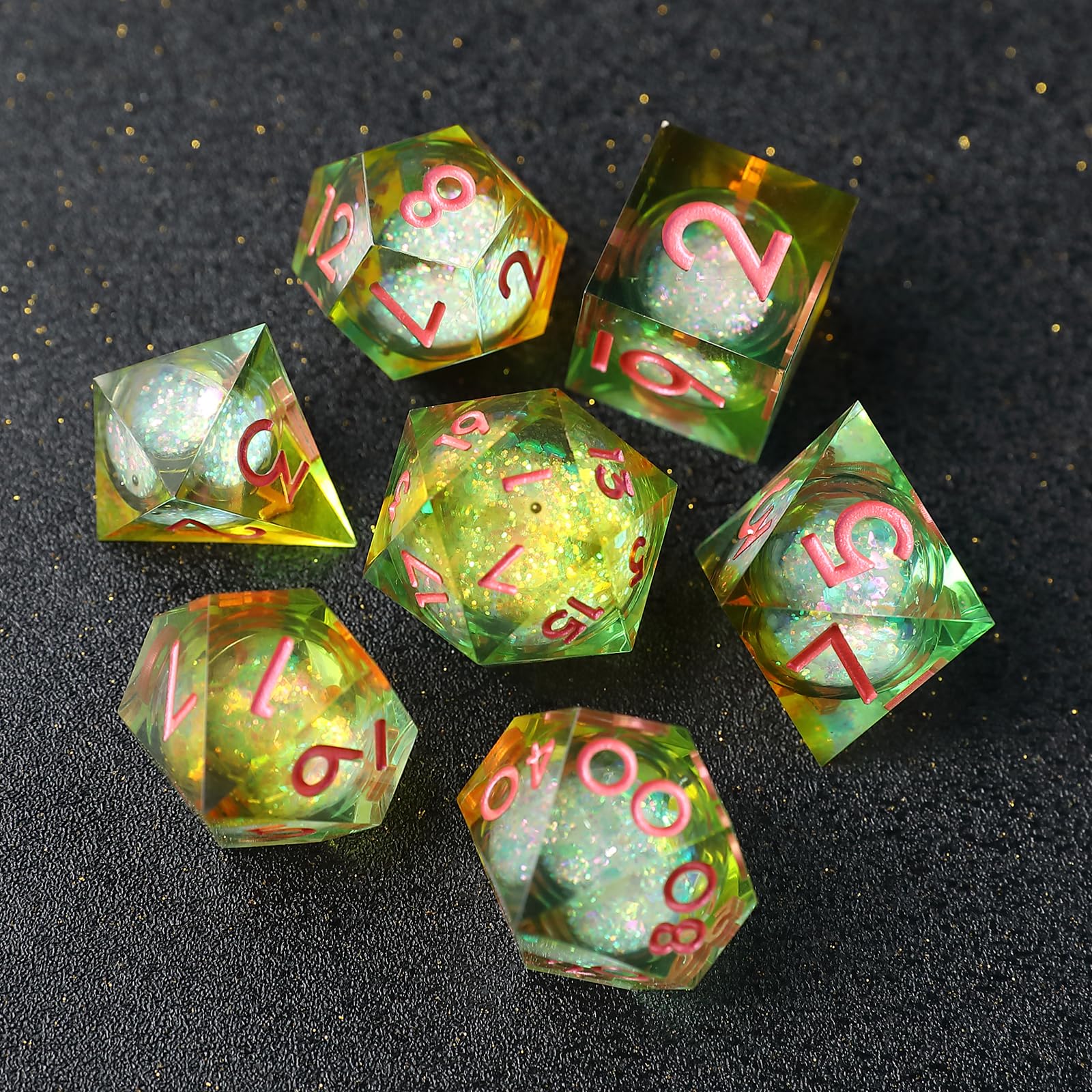D&D Dice Set Quicksand Resin Sharp Edge Dice 7pcs Handmade DND Dice for Polyhedral Dungeons and Dragons MTG RPG Ttrpg Pathfinder Roleplaying D and D D20 D12 D10 D8 D6 D4 Dice with Box