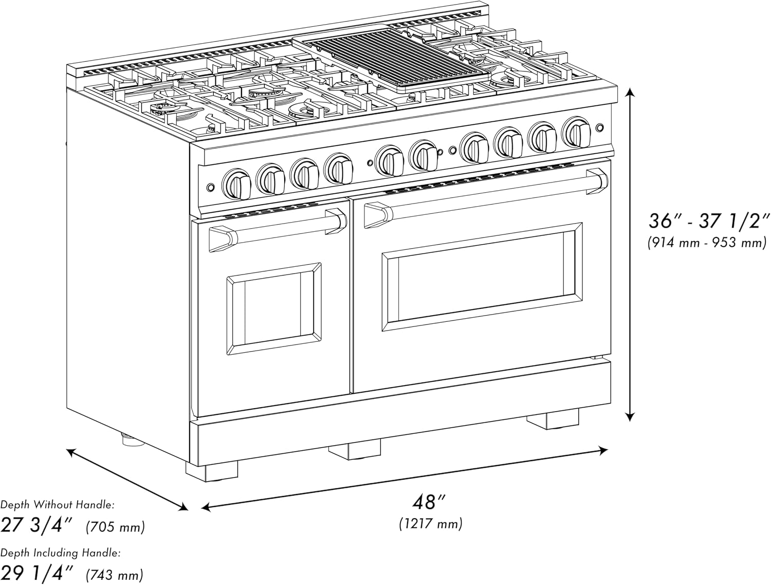 ZLINE 48 in. 6.7 cu. ft. Classic Double Oven Gas Range with 8 Burner Cooktop in Satin Stainless Steel (CGRS-48)