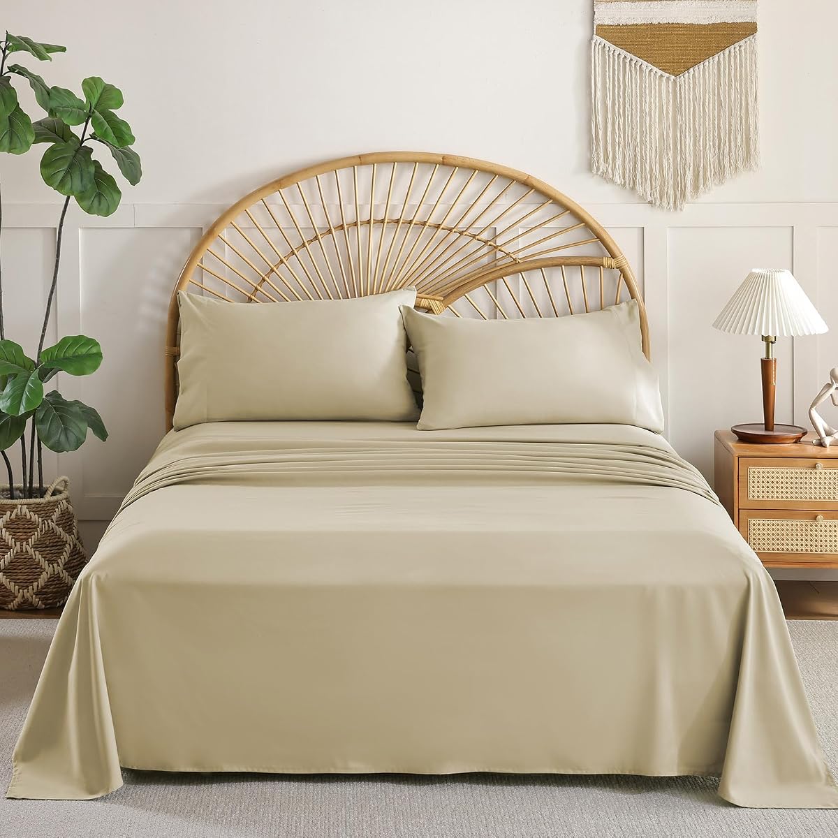 Queen Sheet Set, 4 Piece 15" Deep Pocket Queen Size Sheet Set - Beige | Queen Size Sheet Set, Fitted Sheet, Flat Sheet, 2 Pillowcase, Soft Wrinkle Fade Resistant, Queen Sheet for Bedroom or Hotel