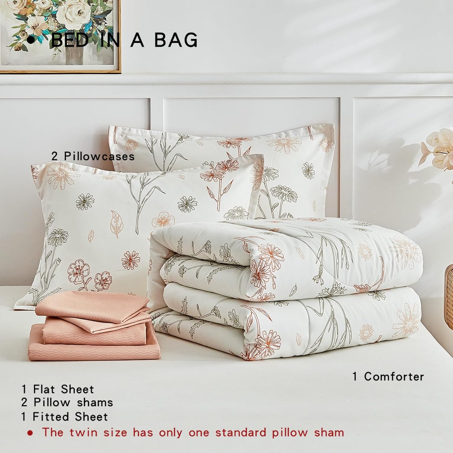 AIKASY Bed in a Bag 7 Pieces - Floral Print - Soft Microfiber, Reversible Bed Comforter Set (1 Comforter, 2 Pillow Shams, 1 Flat Sheet, 1 Fitted Sheet, 2 Pillowcases) (Sea Green, Queen)