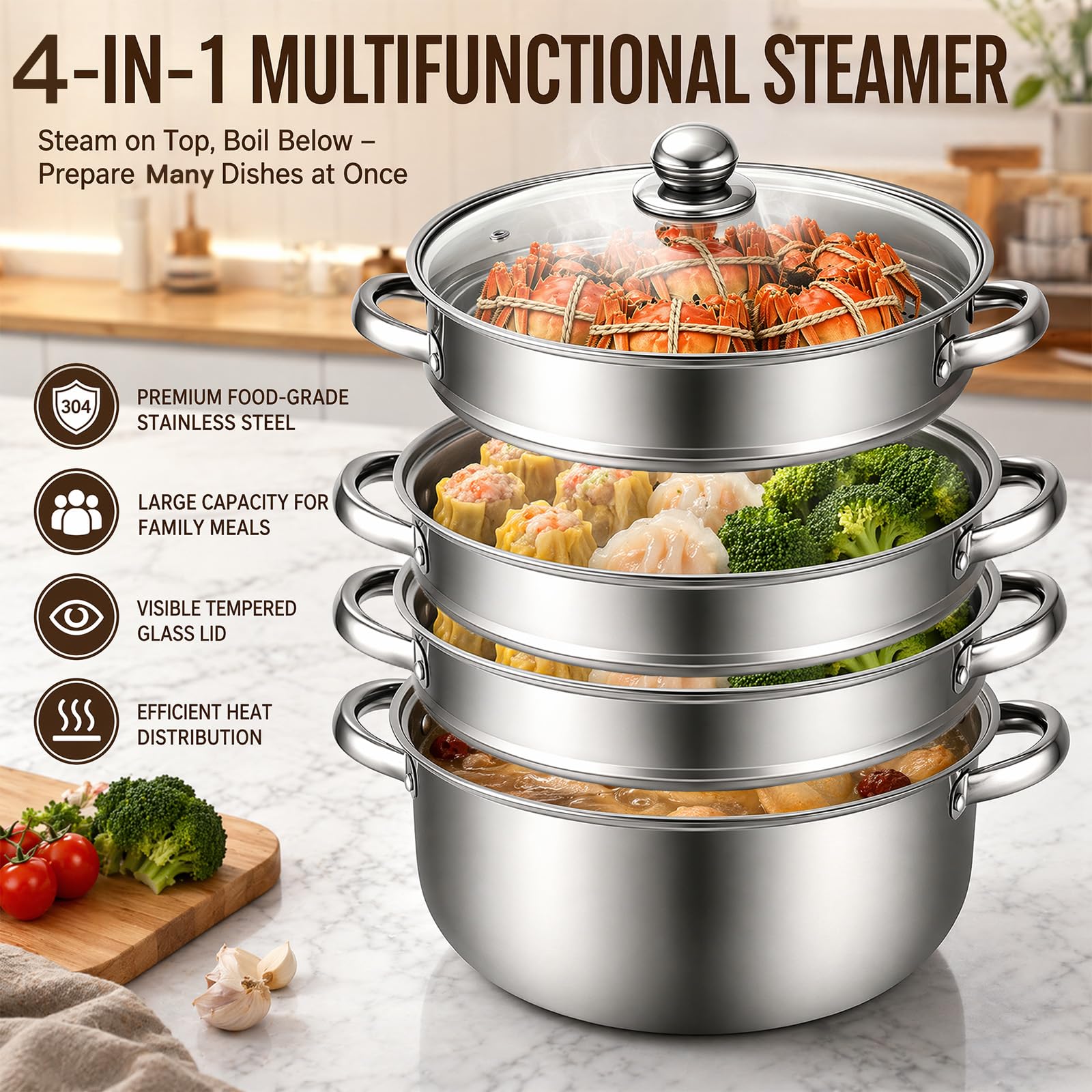MeYuxg Pentola a vapore,28cm Vaporiera Acciaio Inox, con Inserto a Vapore e Coperchio in Vetro,pentole a 3/4 Vaporiera Pentola per cottura a vapore, zuppa, pasta, pesce (Quattro)