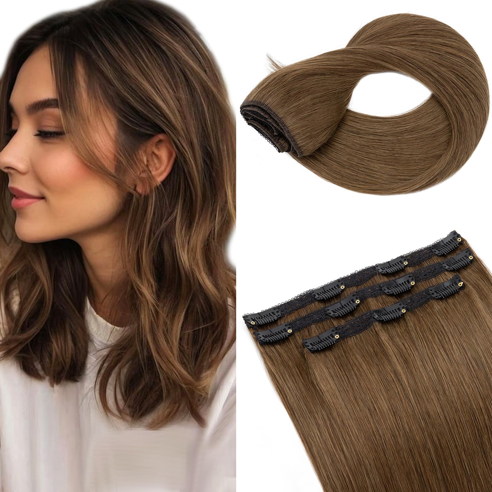 Elailite Clip In Hair Extensions Real Human Hair Remy #04 Medium Brown Double Weft Seamless Hairpieces Straight 16 Inch (73 g) 73g 3 Pieces