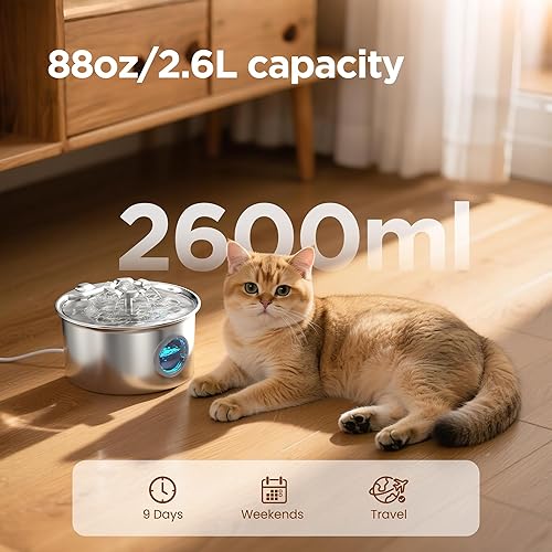 Stainless Steel Cat Water Fountain: 88oz/2.6L Ultra Quiet Pet Fountain with Flower Kitty Spout & LED Blue Light Water Dispenser with Water Level Window for Cats/Dogs Indoor (Silver) - IHOUONE(cat Fountain + 6 Filters & 3 Sponges)