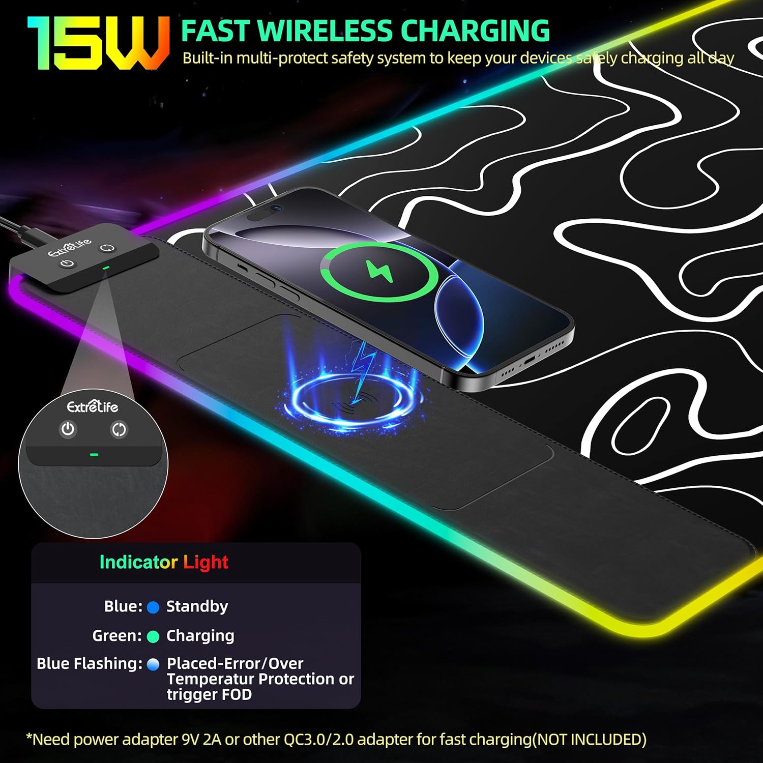 Wireless Charging Mouse Pad, RGB Gaming Mousepad, Large Desk Mat with Ultra-Smooth Surface, Non-Slip, Waterproof Computer Keyboard Pad for Gaming, Desk, Office, PC, 800x400x4MM, Black Topographic Line