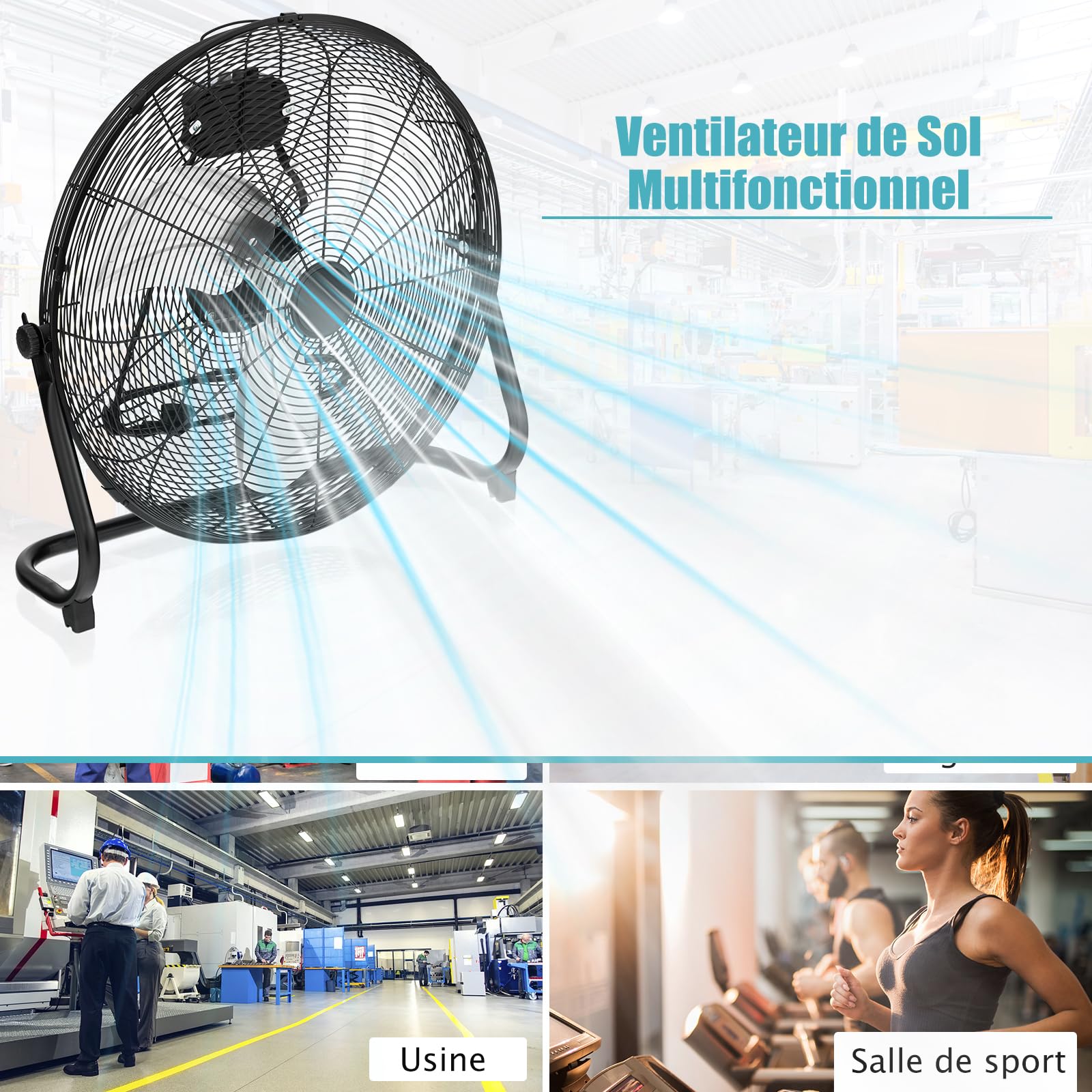 SOARS Ventilateur de Sol 151,5W, 62 X 20 X 59 CM, avec 3 Niveaux de Puissance, Angle d'Inclinaison 145°, Ventilateur en Métal avec Poignée, Haut Débit d'Air, Noir