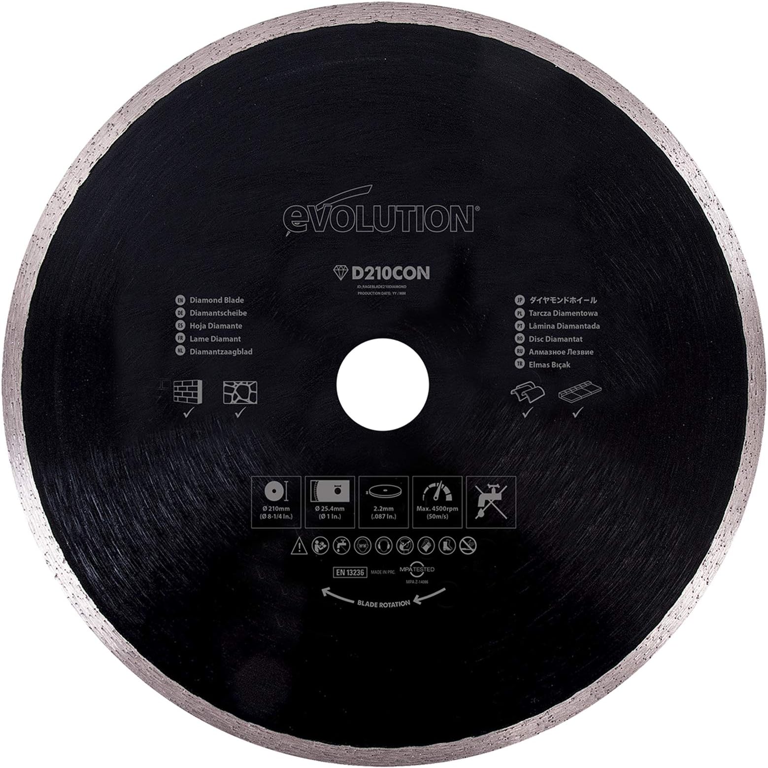 D210CON Diamond Blade Continuous Rim For Mitre Saws, For Cutting Reinforced Concrete, Stone, Brick, Tile, Porcelain & More, 25.4mm Bore, 210mm, Black