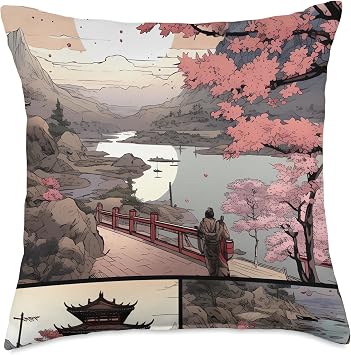 Comic Box Sakura Whispers of The Sakura Garden an Illustrated Blossom Odyssey Throw Pillow, 18x18, Multicolor