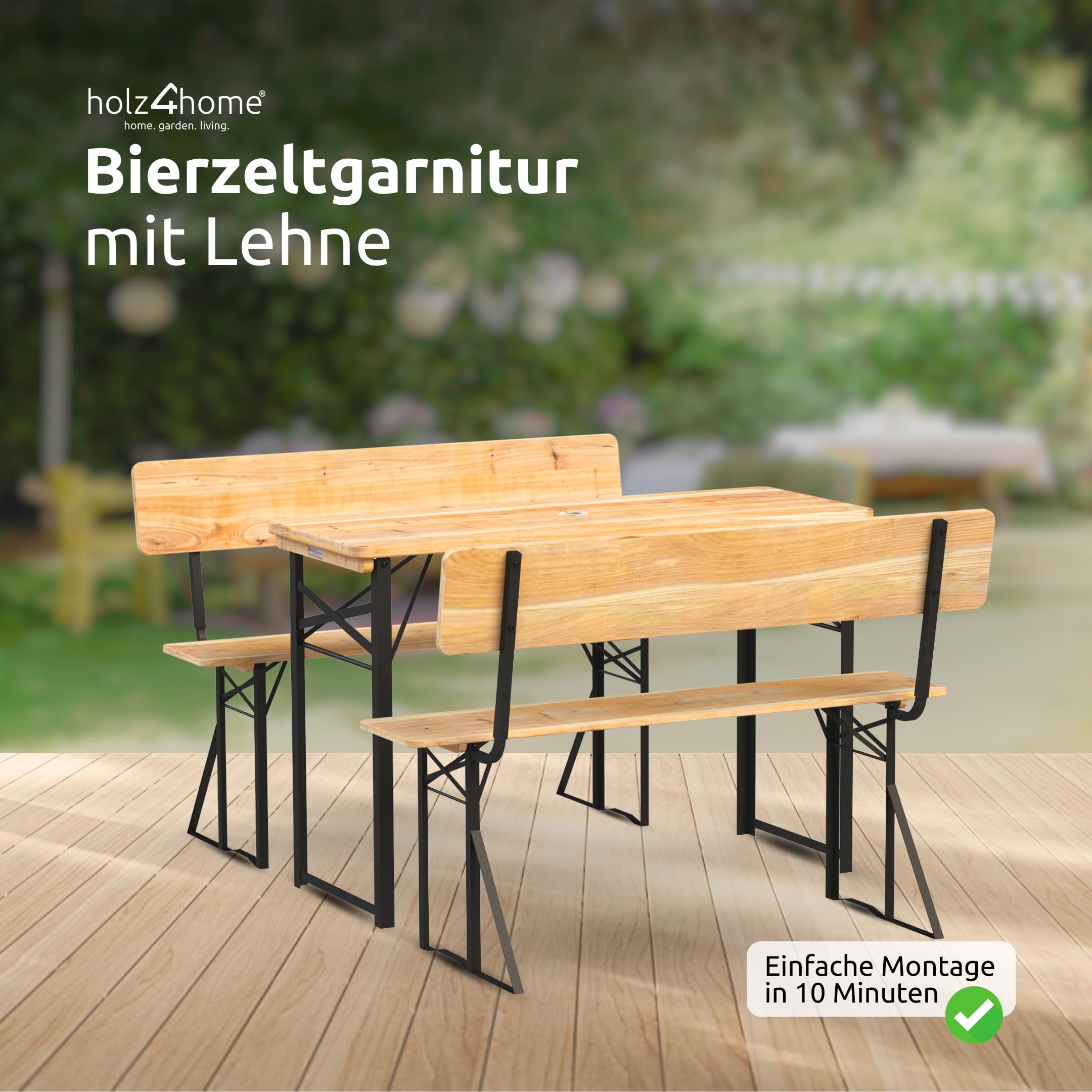 holz4home® Bierzeltgarnitur 3-teilig aus Holz mit Lehne I Bierbankgarnitur mit Tisch und 2 Bänken I Festzeltgarnitur mit Wandhalterung & Bodenheringe I Sitzgarnitur inkl. Flaschenöffner