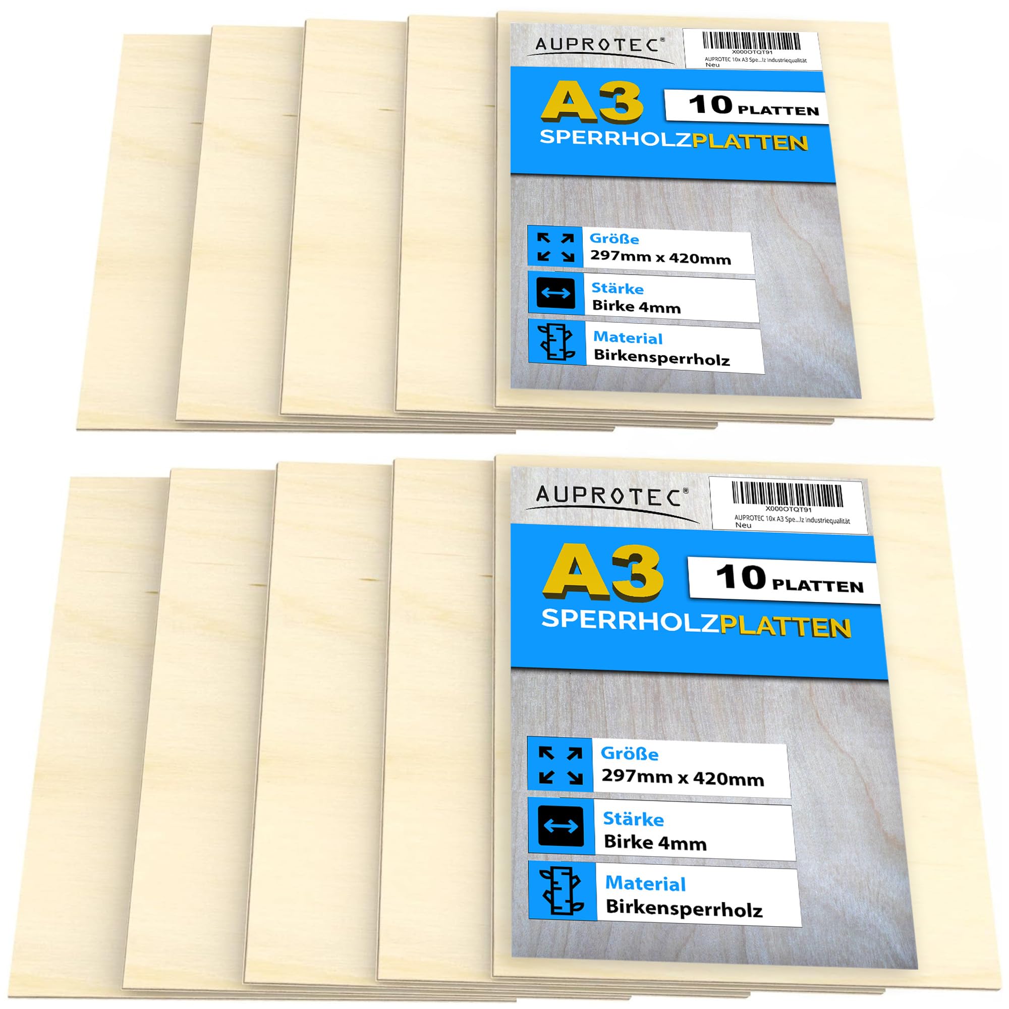 AUPROTEC 10x A3 Sperrholz-Platten Birke 4mm Multiplexplatten (297 mm x 420 mm) Bastel- und Laubsäge-Holzplatten Birke Massiv Multiplex Holz Industriequalität