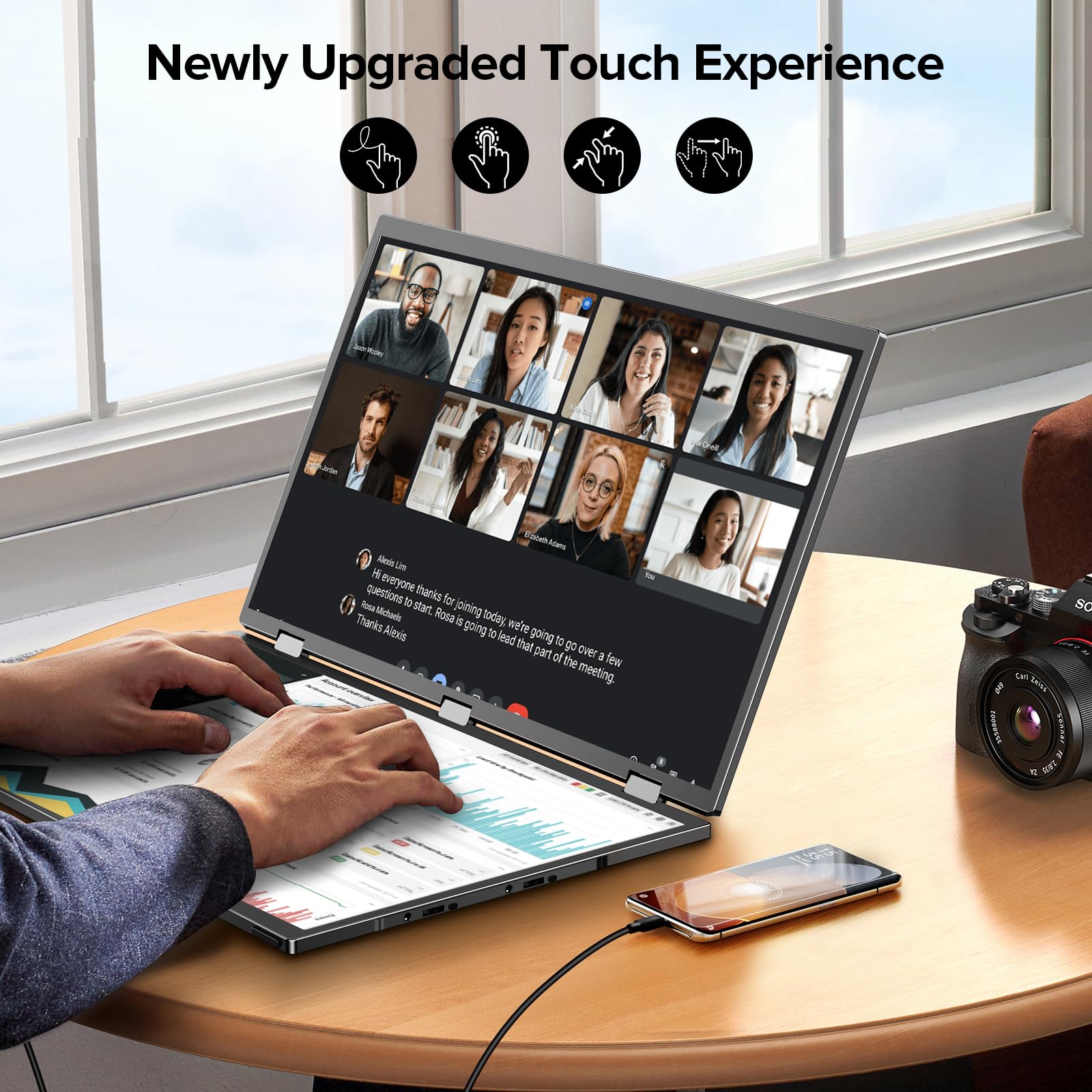 UPERFECT Delta 18,5" 100Hz Ekran Dotykowy Podwójny Przenośny Monitor, Przedłużacz Ekranu Laptopa, Potrójny Składany Monitor Kompatybilny z VESA, Komputerami, Telefonami i Konsolami do Gier