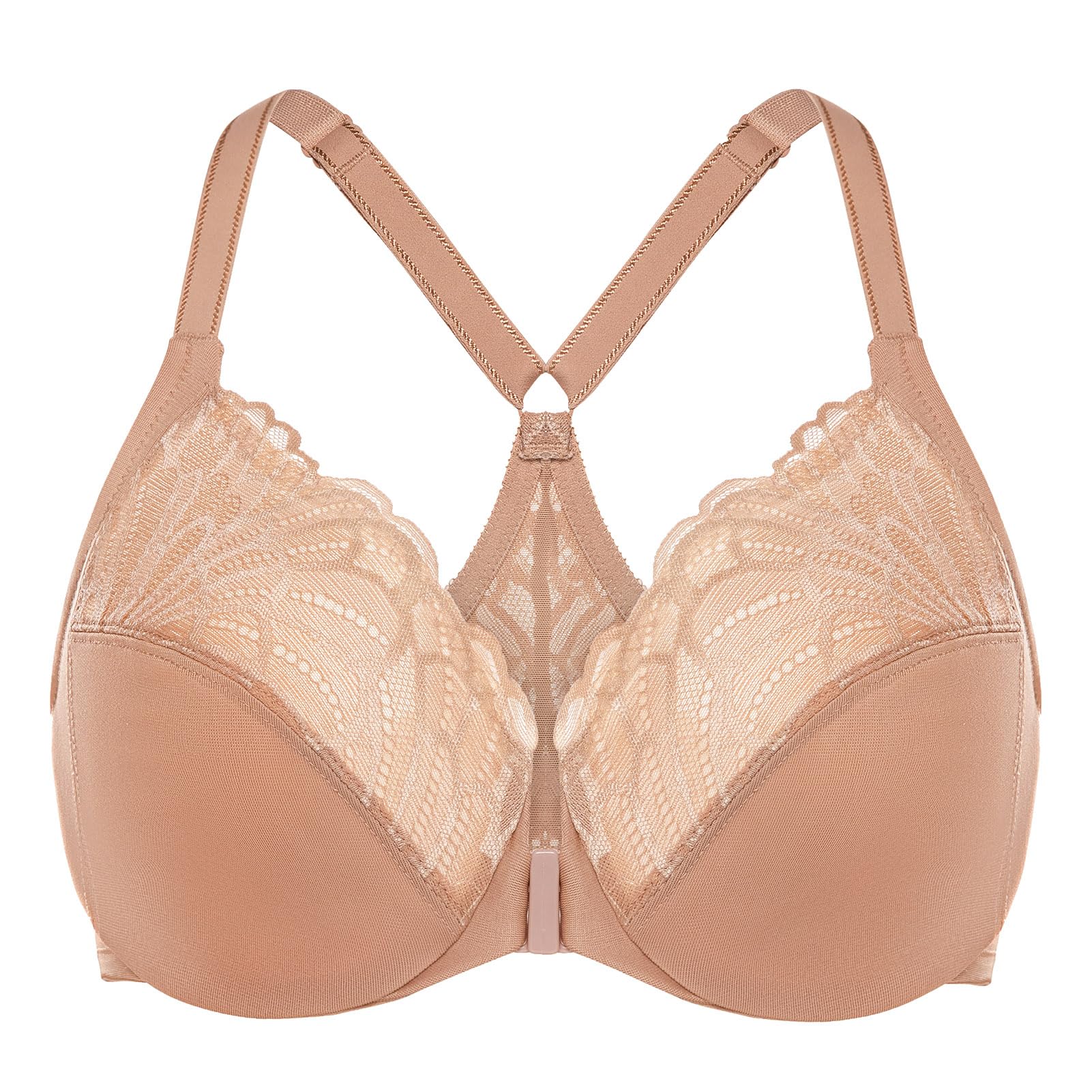 MELENECA Women's Front Fastening Racerback Plus Size Stretch Lace Underwire Unlined Bras Cappuccino 48DD