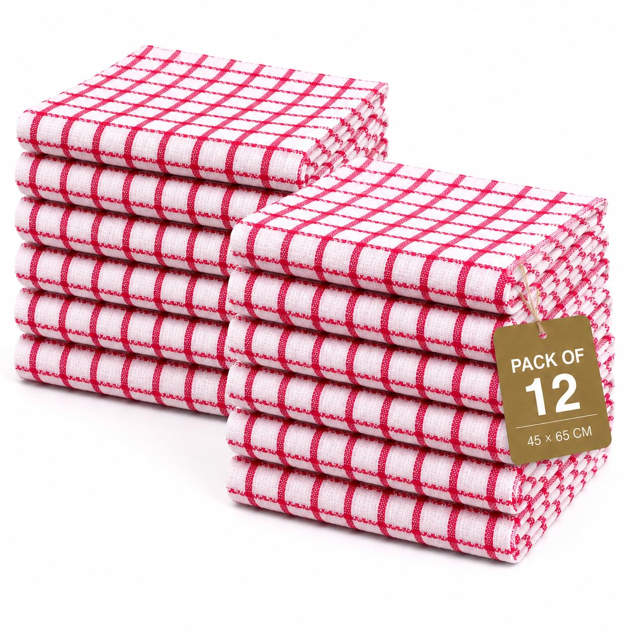 Gift Hub Kitchen Tea Towels Set, 100% Cotton Terry Cleaning Cloths | Highly Absorbent Small Check Towels for Drying Dishes & Glassware, Home Essentials | 45 x 65 cm, Red - Pack of 12