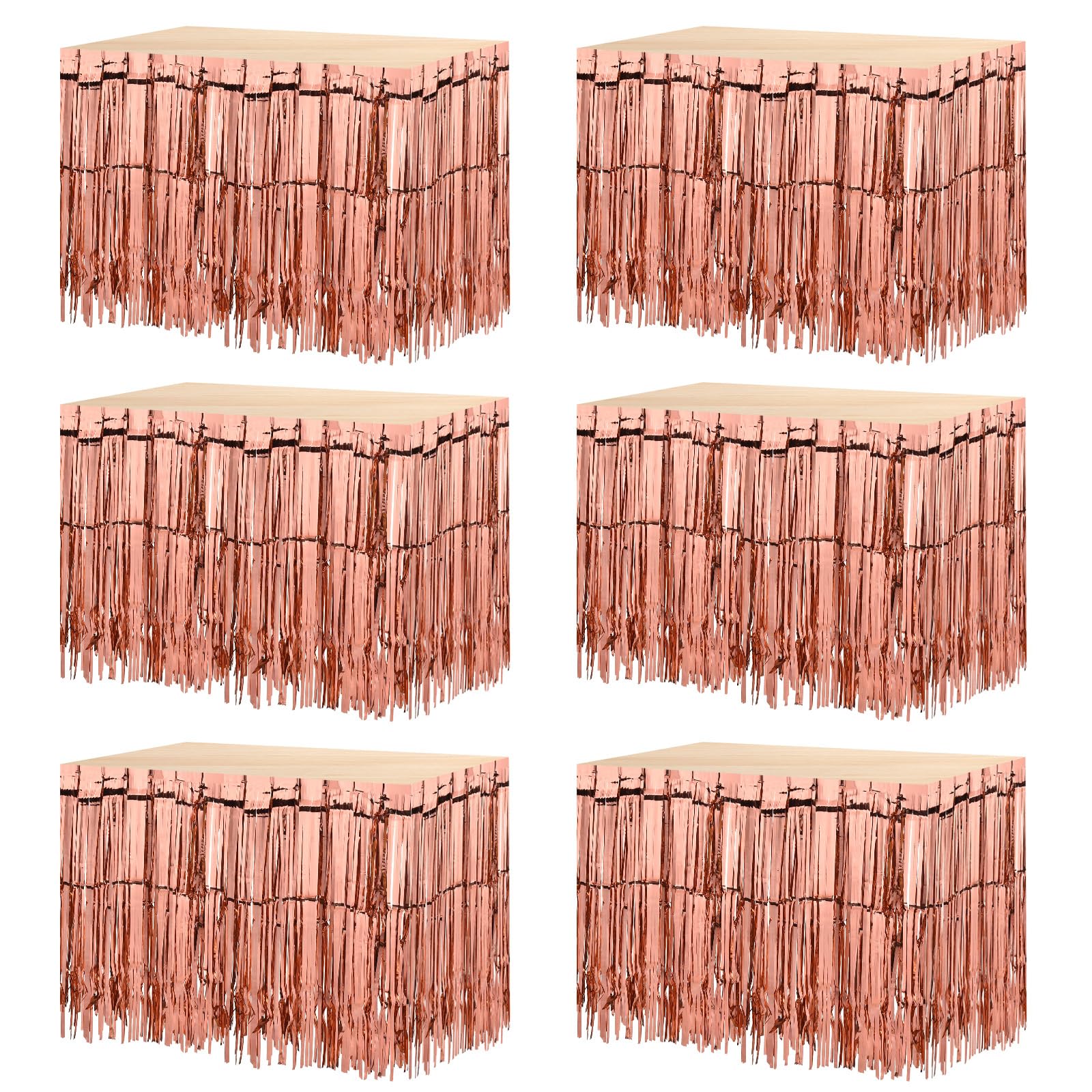 MECCANIXITY 6 Pcs 29x108 Inch Rose Gold Metallic Foil Fringe Tinsel Table Skirts for Rectangle Tables Tinsel Backdrop Curtain for Wedding Birthday Party Decoration