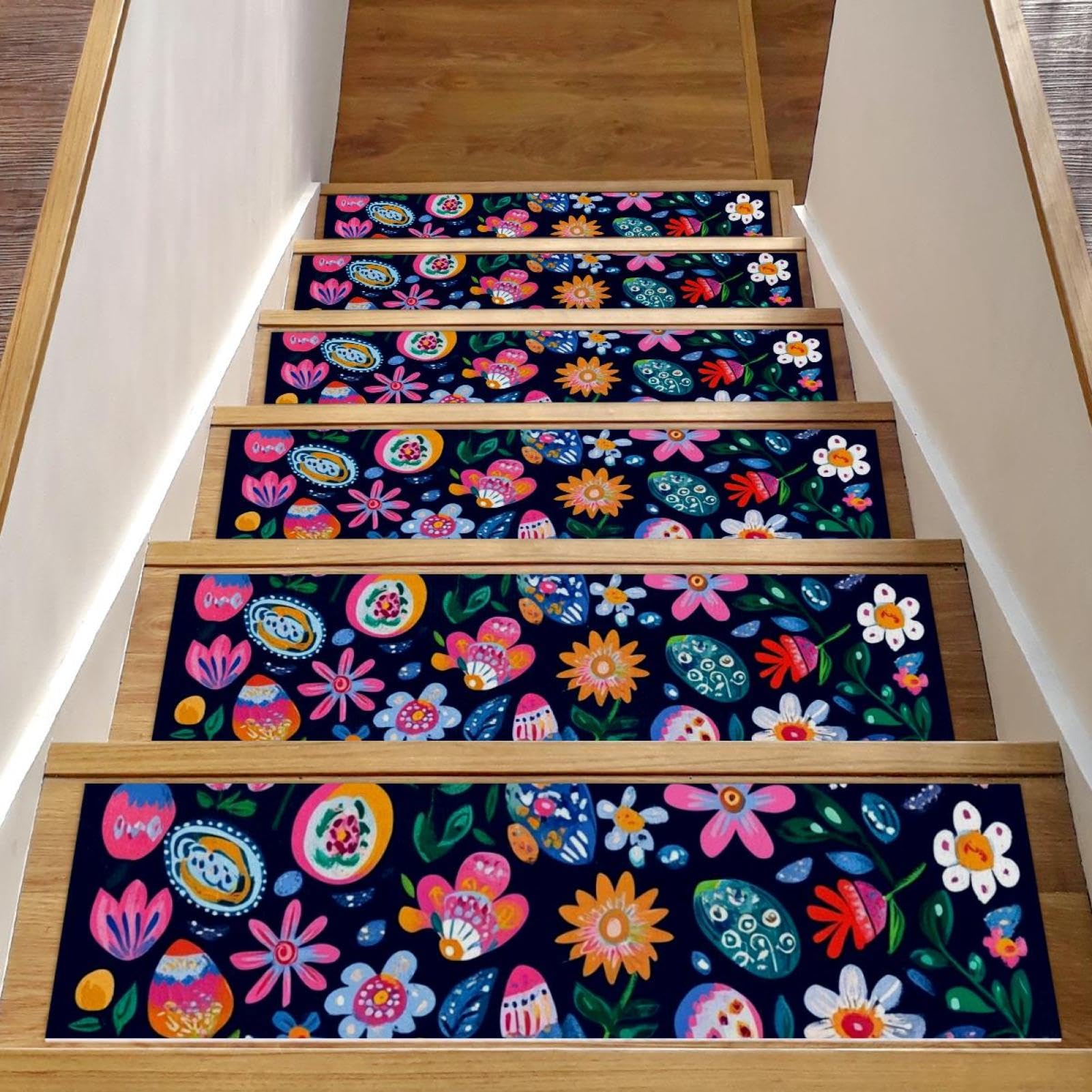 Tapis d'escalier antidérapants pour enfants et chiens motif floral Pâques