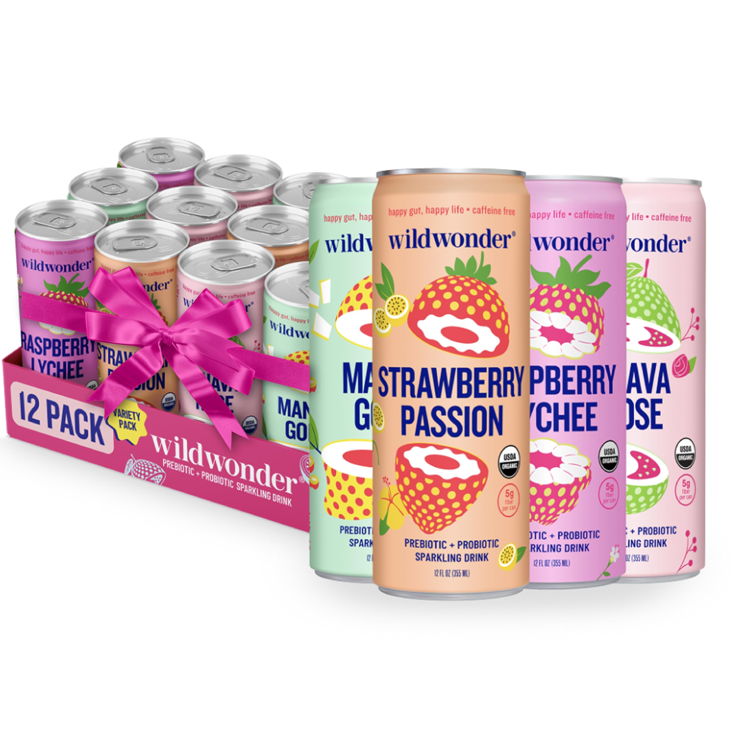 wildwonder Sparkling Probiotic Juice Drink w/Gut Health Immunity & Support 5g Fiber, Live Probiotics, Caffeine Free, Organic, Vegan, Low Sugar, 12pk 12oz, Classic Variety Pack, As Seen on Shark Tank