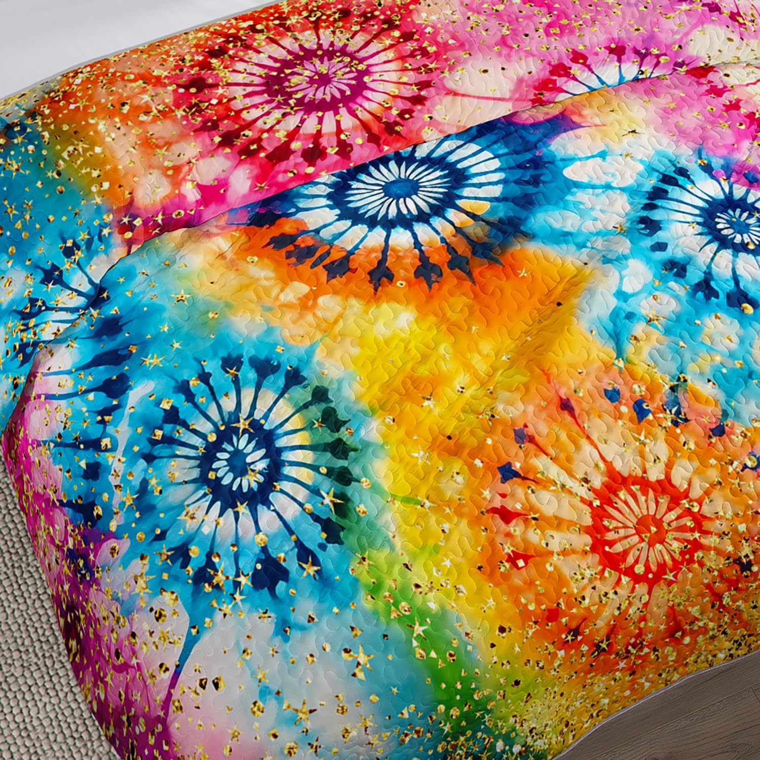 Colorful Tie Dye Quilt Sets King Size,Bohemian Art Style Watercolor Bedding for Adults Kids Girls Boys Teens Bedroom,Soft Lightweight Microfiber Quilt with 2 Pillowcases.