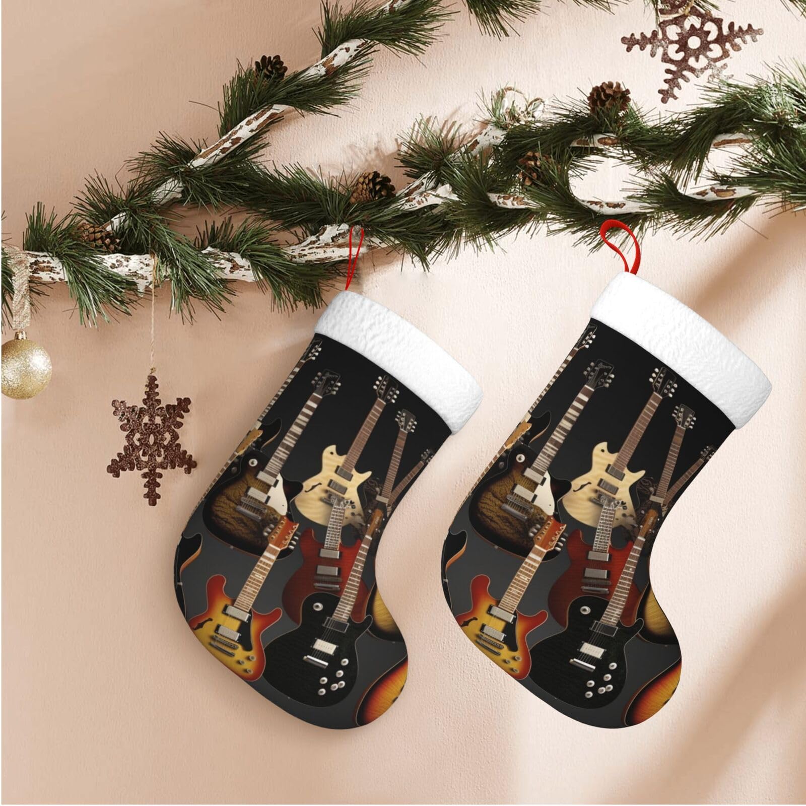 17.7" Christmas Stocking 1 Piece, Guitars Xmas Stockings with White Plush Cuff Fireplace Hanging Stocking for Christmas Holiday Party Decoration
