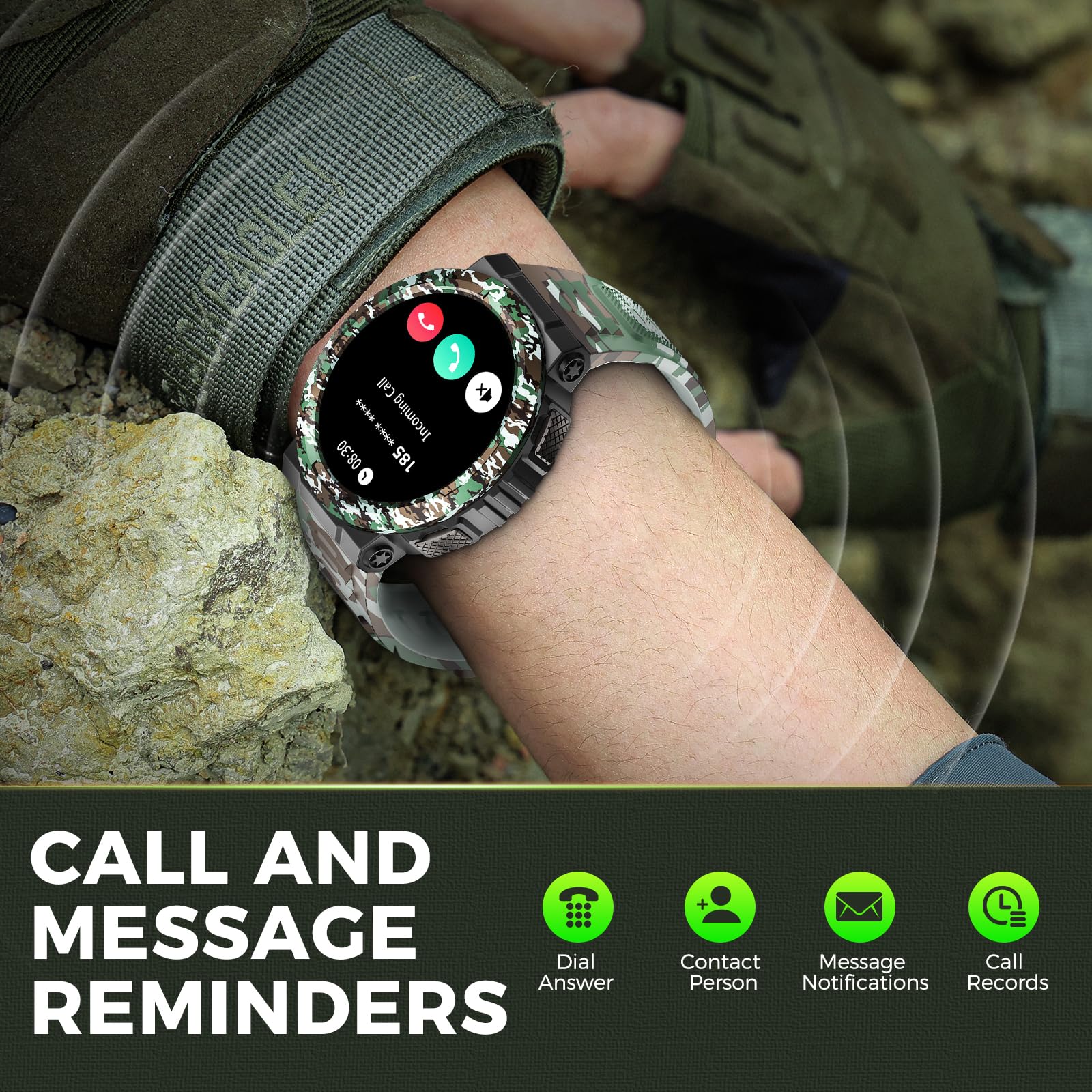 JELLOO Smart Watch militare da uomo (rispondere/effettuare chiamate), impermeabile 3ATM, torcia a LED, oltre 100 modalità sportive, smartwatch tattico con cardiofrequenzimetro SpO2, monitoraggio del