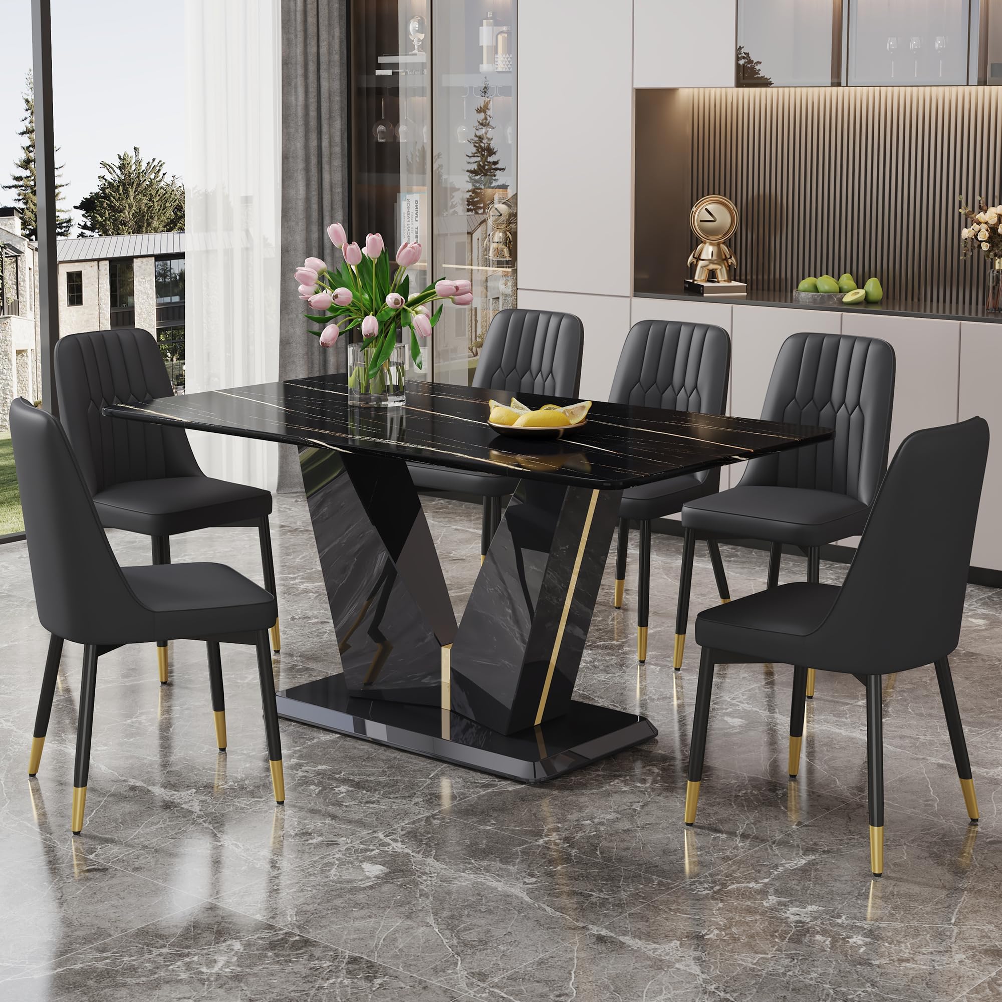 Amazon.com - Modern Dining Table Set for 6,7 Piece Dining Table Set,63 ...