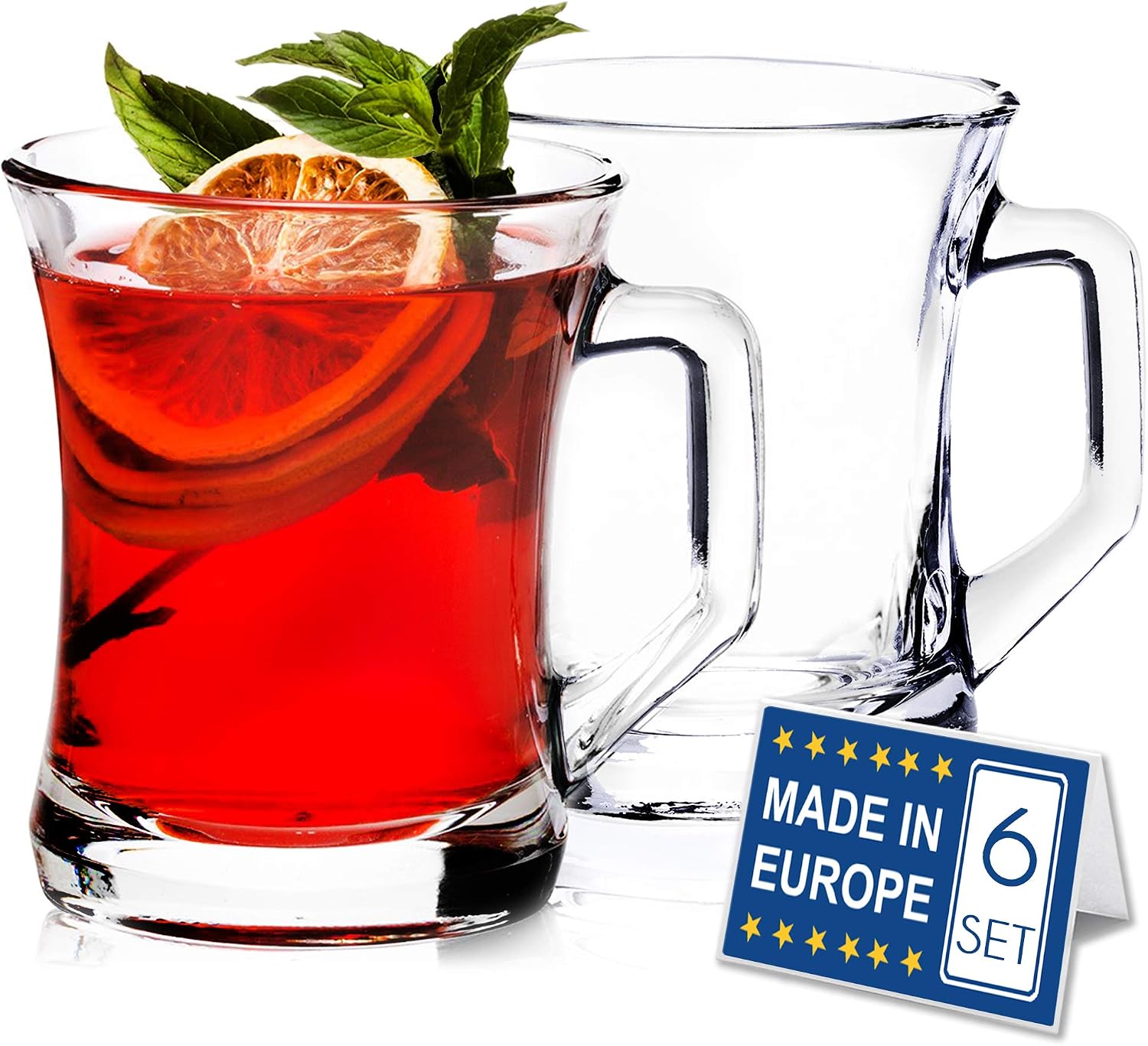 CRYSTALIA Glass Coffee Mugs Set of 6 - 220ml, Clear, with Handles - Perfect for Coffee Tea, Mulled Wine, Juice