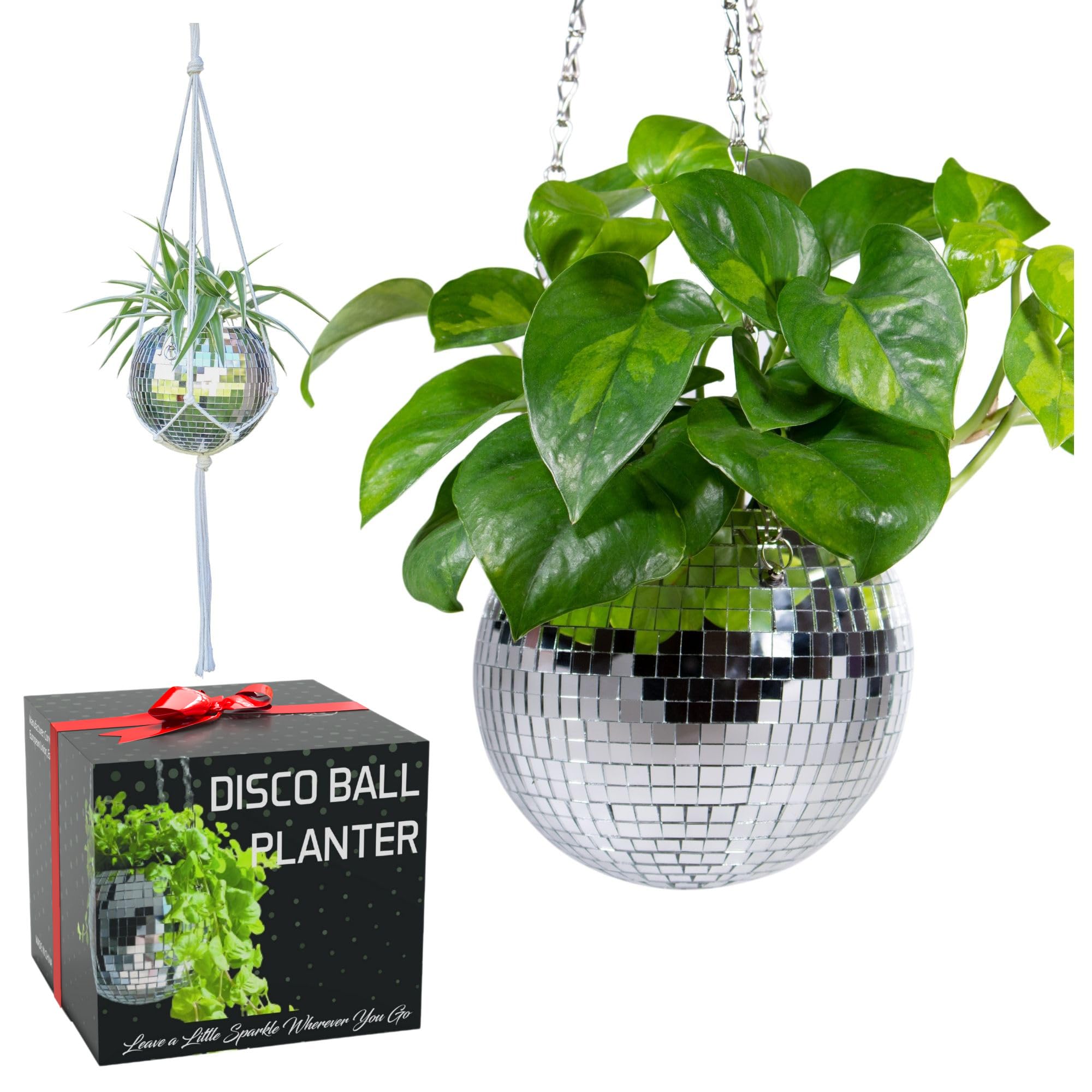 SCANDINORDICA Disco Ball Planter โ Value Package: Mirror Disco Planter with Chain, Macrame Hanger and Acrylic Stand for Desk, Includes Self Watering Insert, Disco Ball Decor | 6 inch Silver