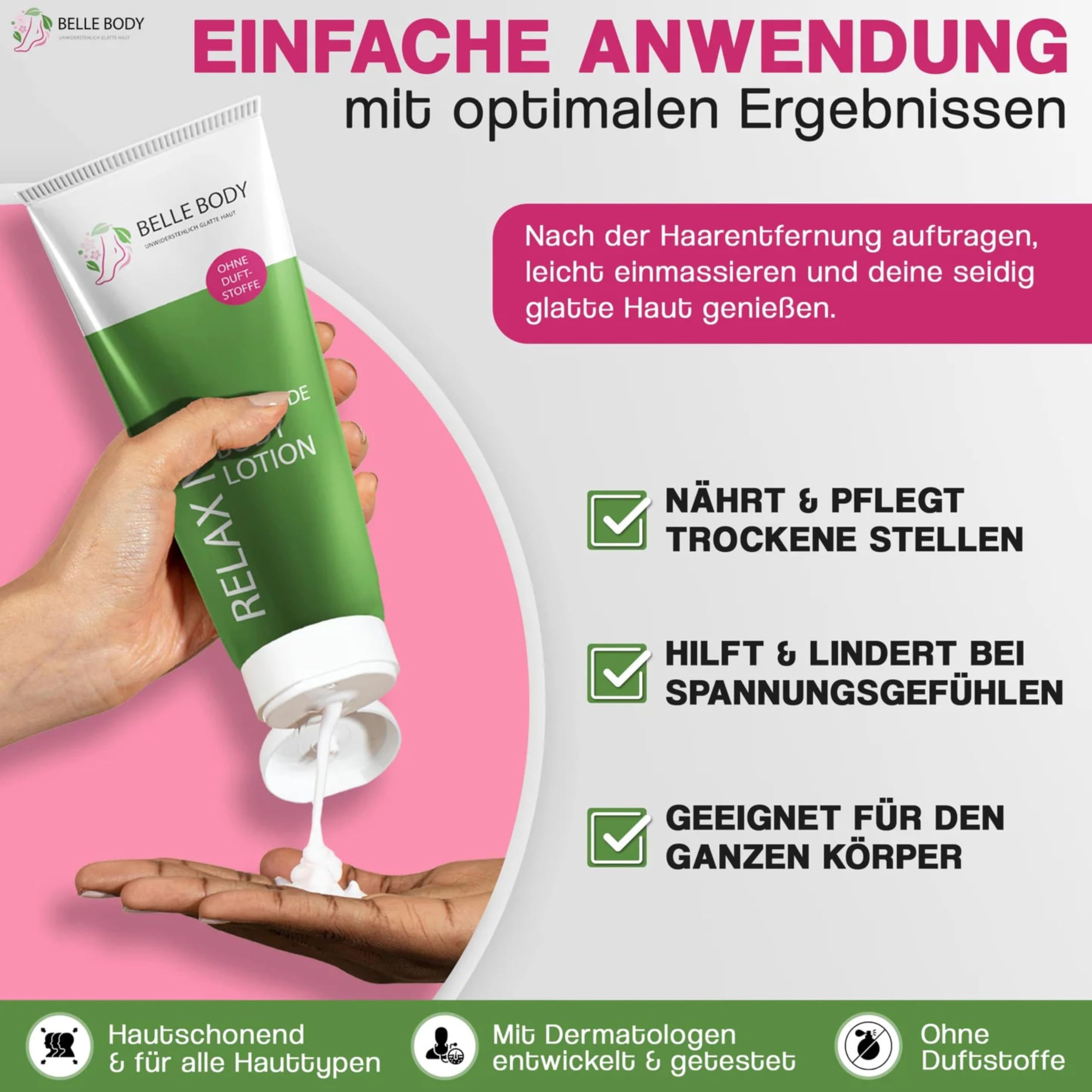 Belle Body Körperlotion - Feuchtigkeitscreme nach Rasur & Haarentfernung | Intensive Hautpflege mit Shea Butter & Panthenol – Beruhigende Bodylotion für trockene & empfindliche Haut - 250ml