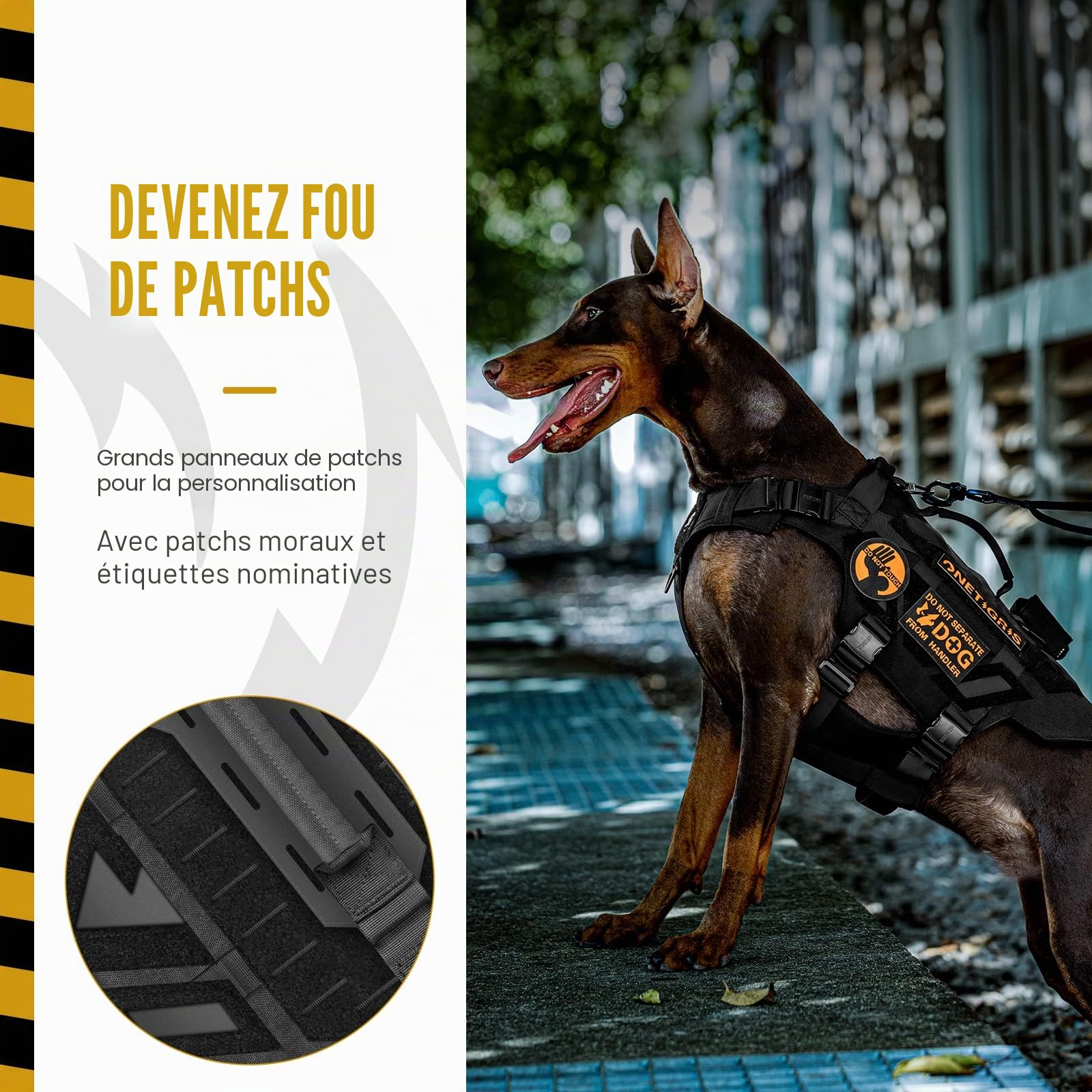 OneTigris X-Armor Harnais Tactique pour Chien entièrement en métal avec Velcro réfléchissant - Style Militaire réglable, Facile à Enfiler, pour la Marche, la randonnée, Le Dressage (Noir, Taille M)