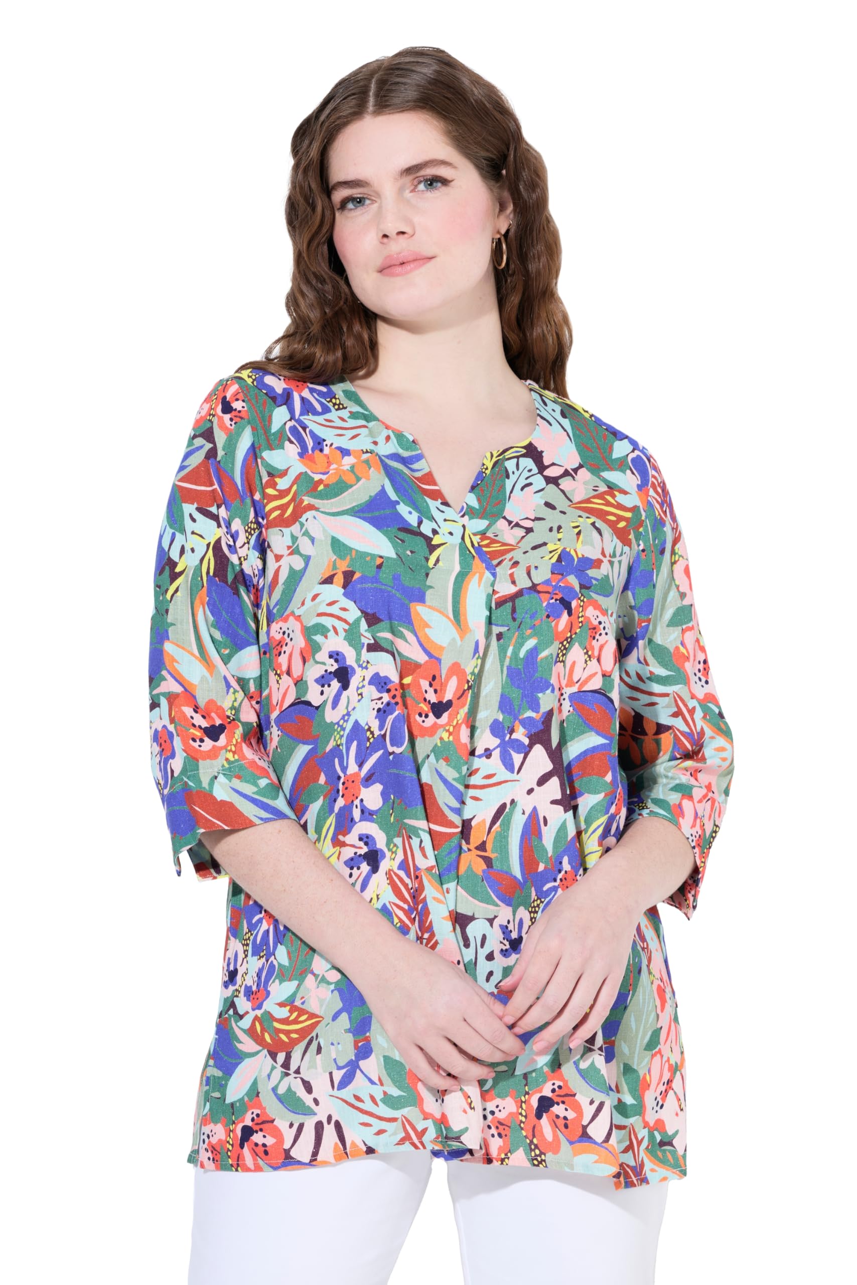 Ulla Popken Damen große Größen Übergrößen Plus Size Leinenmix-Bluse, A-Linie, Tunika-Ausschnitt, 3/4-Arm 837717