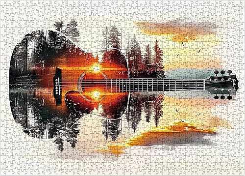 Miniatura 2 de Rompecabezas coloridos de bosque de guitarra para adultos, 1000 piezas, hermoso paisaje de arte, lago, puesta de sol, rompecabezas de paisaje de