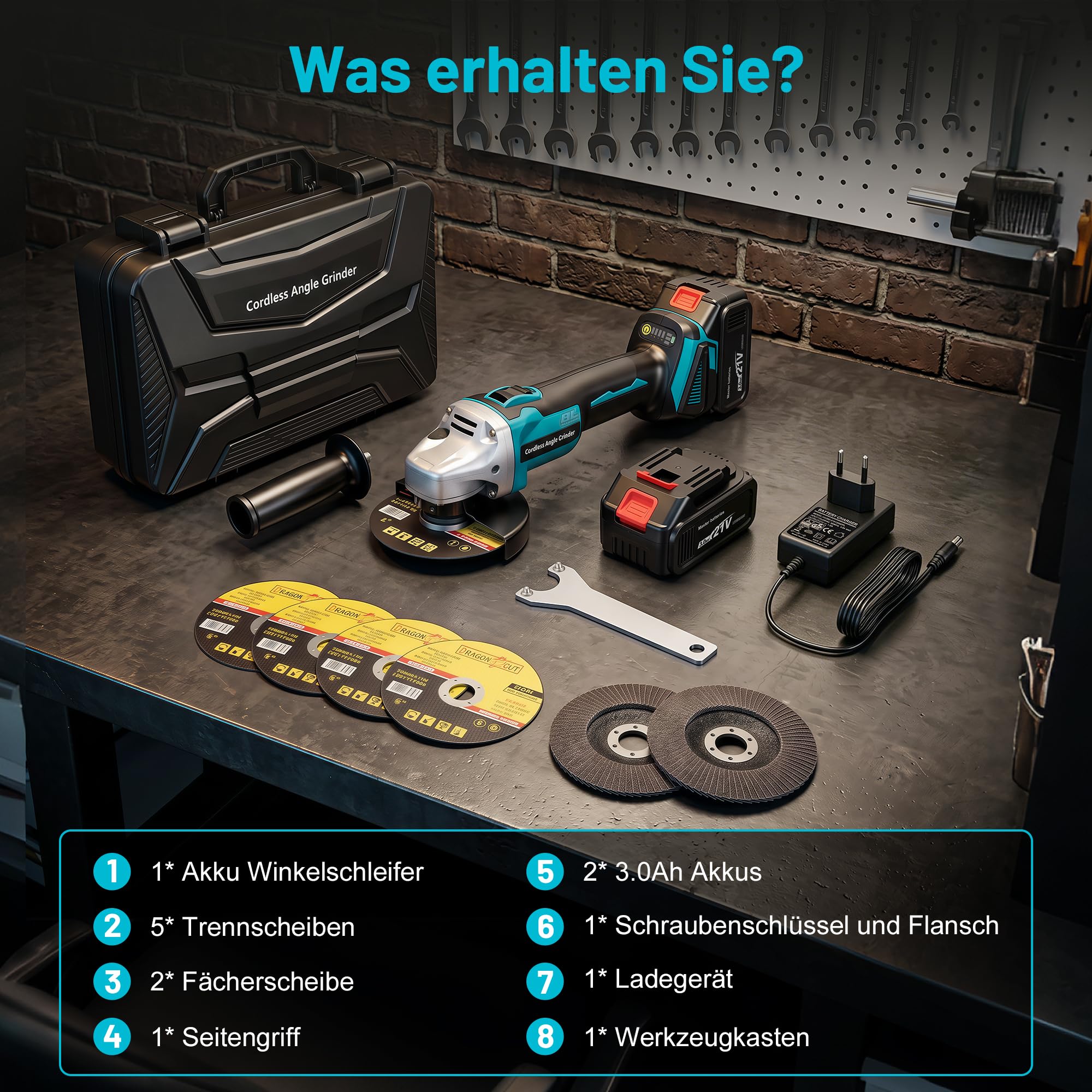 YEARTOP Akku Winkelschleifer Ø 125mm Kompatibel mit Makita 18V Akku | für Holz Metall Trennen und Schleifen, Bürstenloser Motor 3 Stufen Regelbar 9000 U/min Akku Flex mit 2x 3.0Ah Akkus