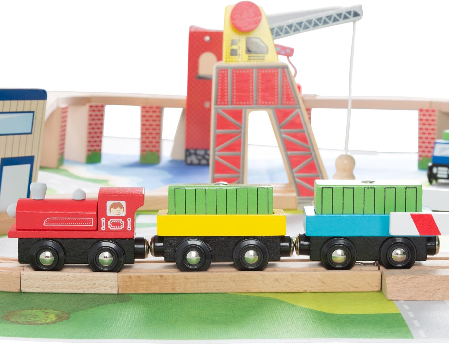 Wooden Train Set with Play Mat for Kids - 75-Pieces Including Deluxe Wood Tracks, Trains, Cars, Boats, and Accessories for Boys and Girls by Hey Play