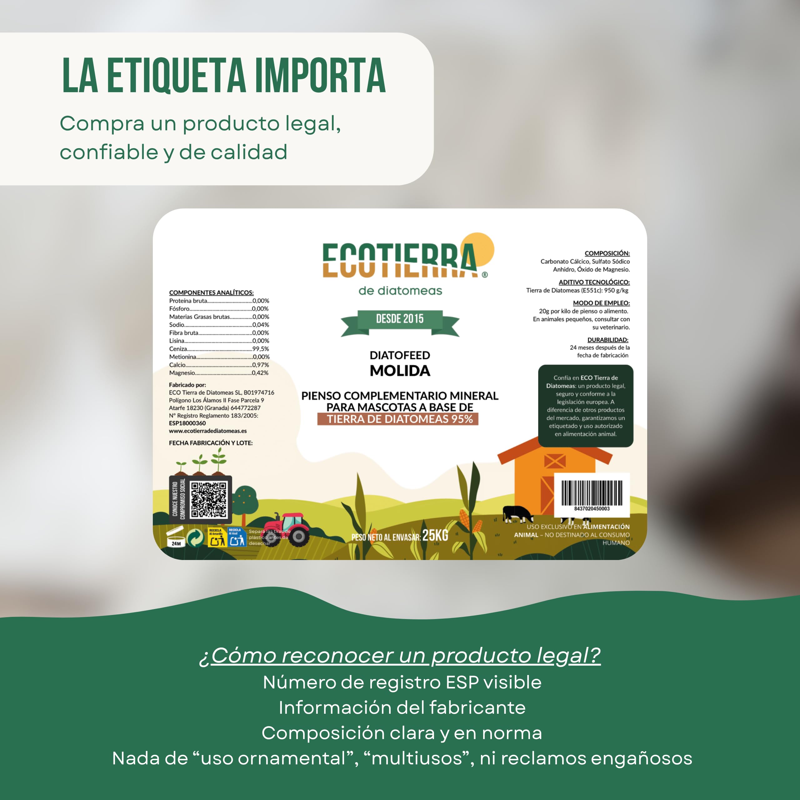 ECO Tierra de Diatomeas® Molida 12kg – Complemento Mineral a Base de Tierra de Diatomeas, Sin Calcinar, para Alimentación Animal - Seguridad, Calidad y Compromiso Desde 2015