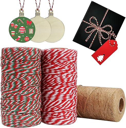 Kingovalley - 3 rollos de cordel de Navidad, 984 pies de cuerda de algodón de Navidad para envolver regalos de Navidad, manualidades, cocina,