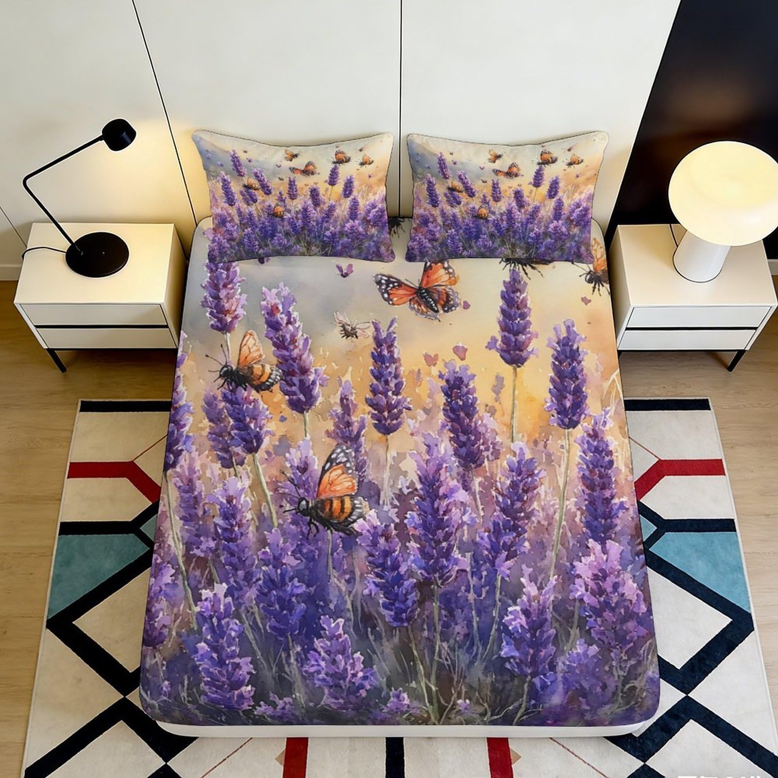 Pnayamiorkfel Style-3 3D Printed Lavender Butterfly Fitted Sheet Microfiber Soft Mattress Cover For Bedroom Decor And Dorm Use 90X200x25cm