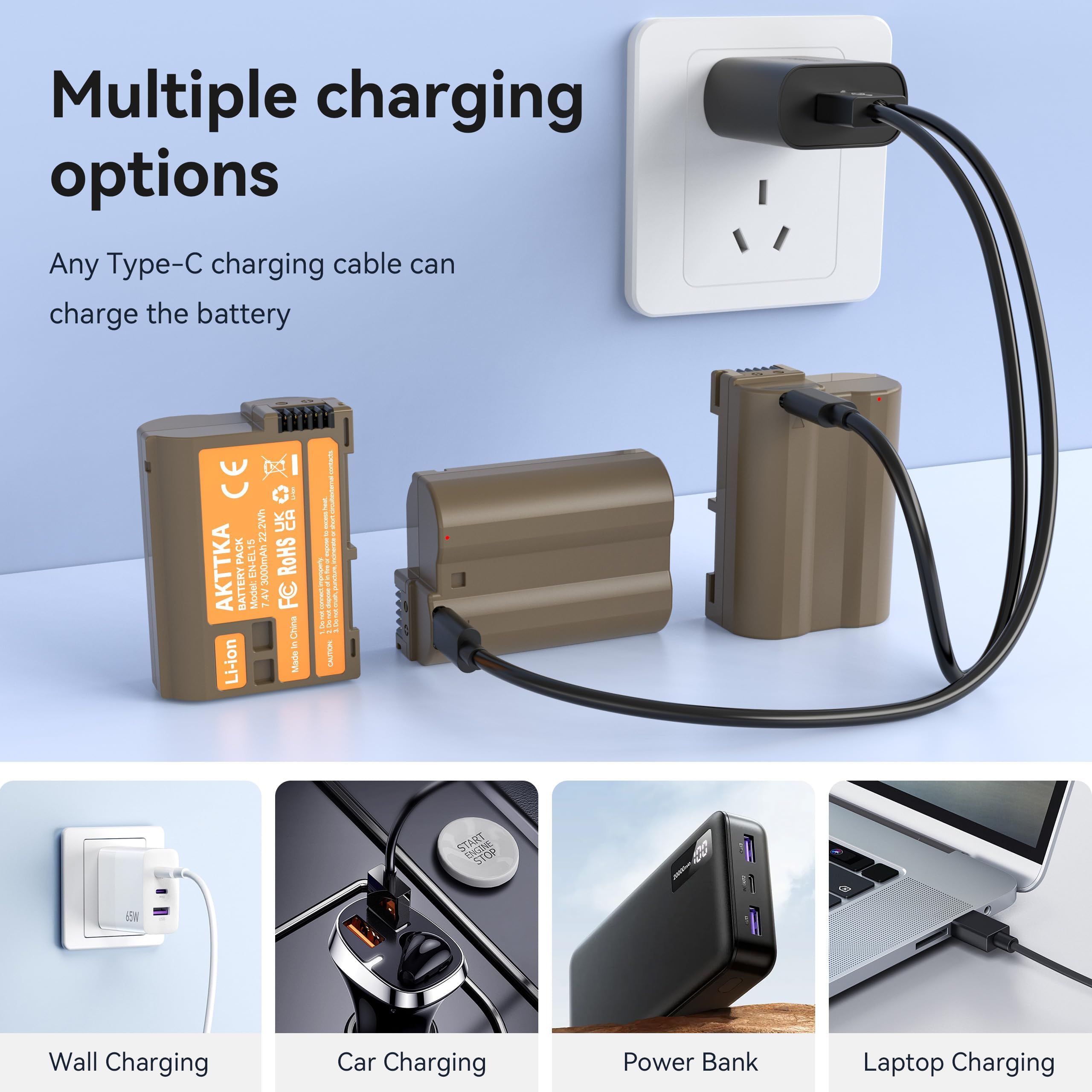 EN-EL15C Akkus 3000mAh (3er-Pack) mit direkter USB-C-Aufladung – Kompatibel mit Nikon EN-EL15/EL15C, Z8, Z7, Z6, Z5, Z6II, Z7II, Z6III, D7500, D7200, D750, D850, D780, D7000, D610, D600, D500