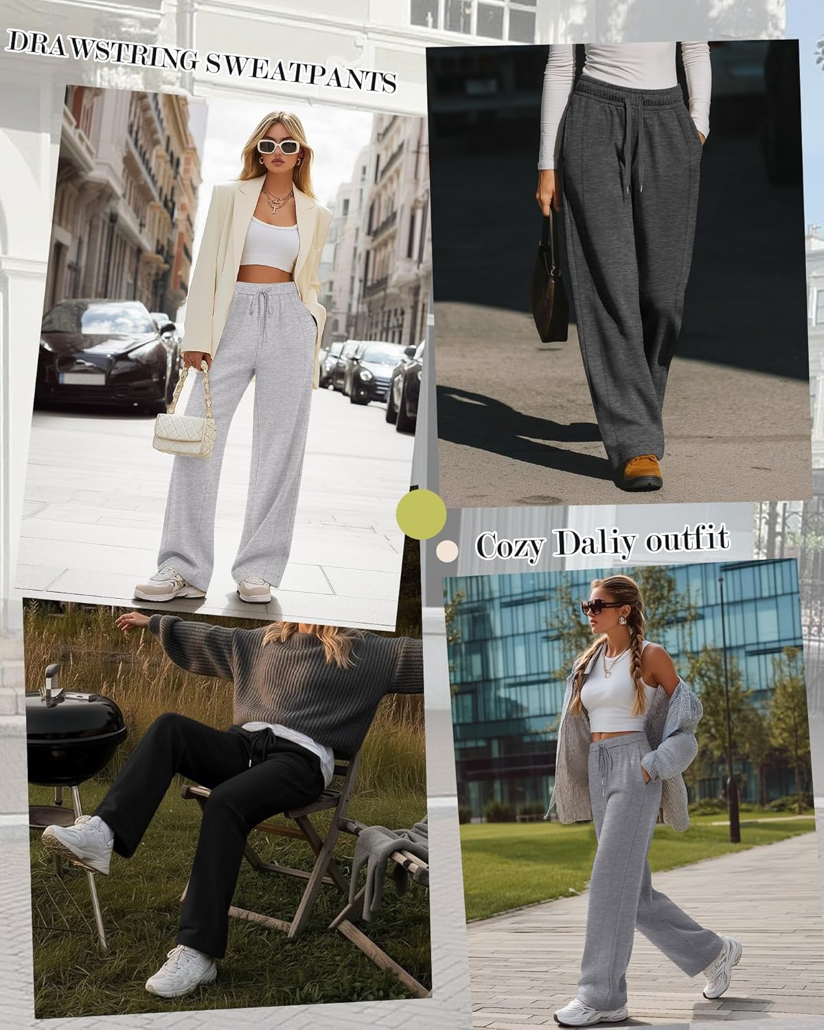 4 Pack Women's Wide Leg Sweatpants, Baggy Straight Elastic Waist Drawstring Multipack Lounge Trousers with Pockets - Image 3