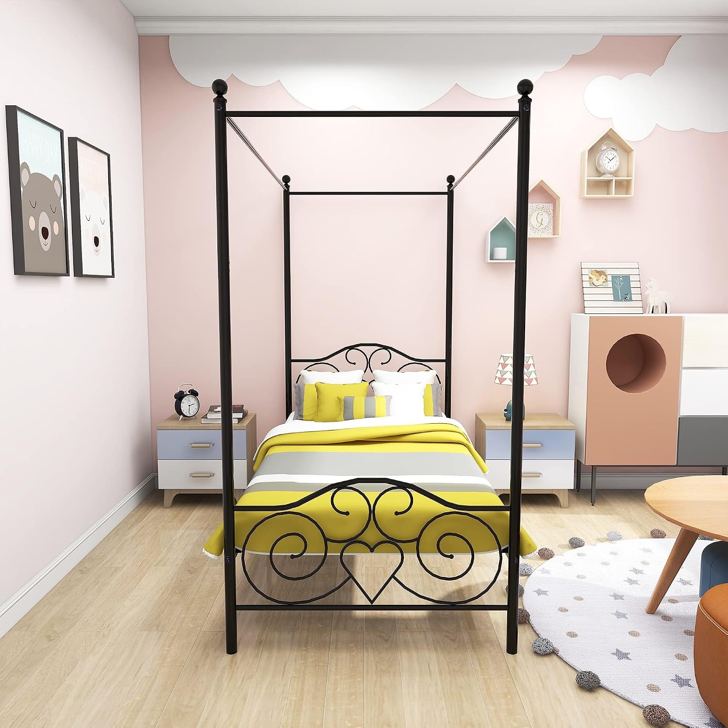Canopy Metal Bed 90 x 200 cm with Heart Decoration Black