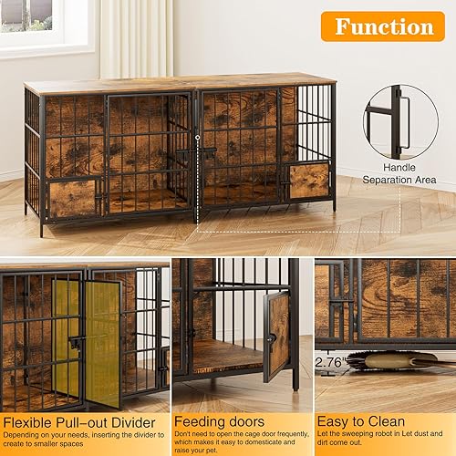 Miniatura 5 de aboxoo Mueble grande de 72 pulgadas para perros para 2 perros, jaula doble de madera XXL para perros para razas grandes, soporte de TV con divisor,