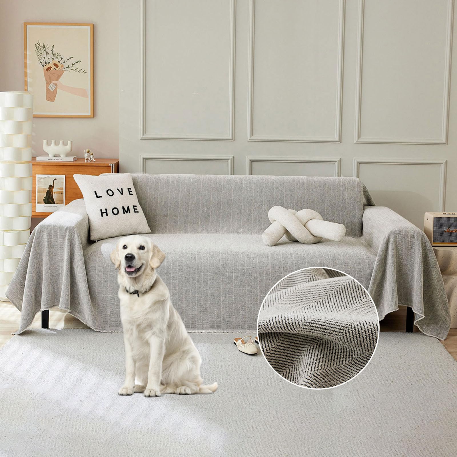 STACYPIK Soft Silver Gray Sofa Covers for Dogs, Washable Jacquard Chenille Couch Covers Sectional, Non Slip Furniture Protector for 2 Cushion Couch,