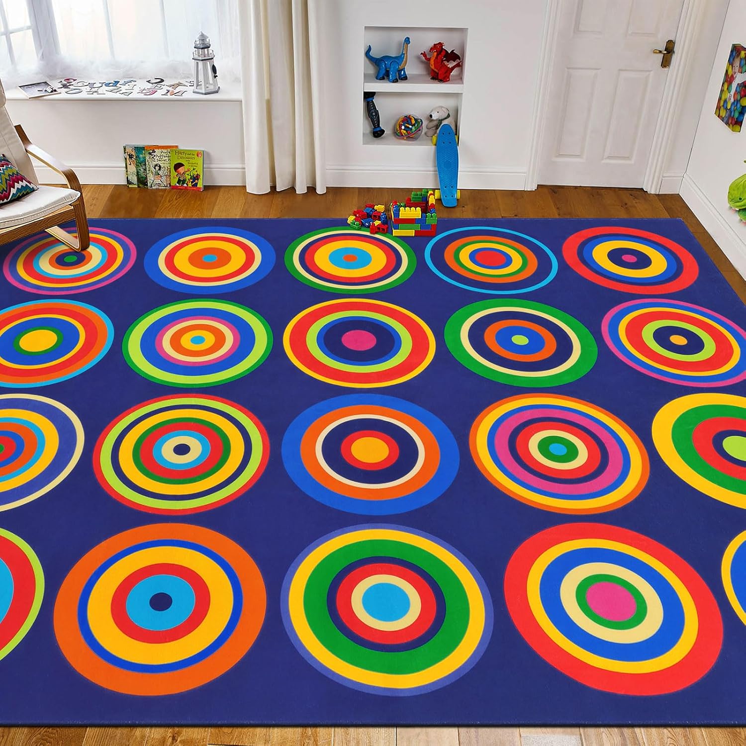 Large Classroom Rug Colorful Sit Spots Kids Rugs for Preschool Non Slip Floor Carpet Fun Playmat for Daycares Playroom Elementary Nursery Decor, Seats 20, 6'X8'4", Blue