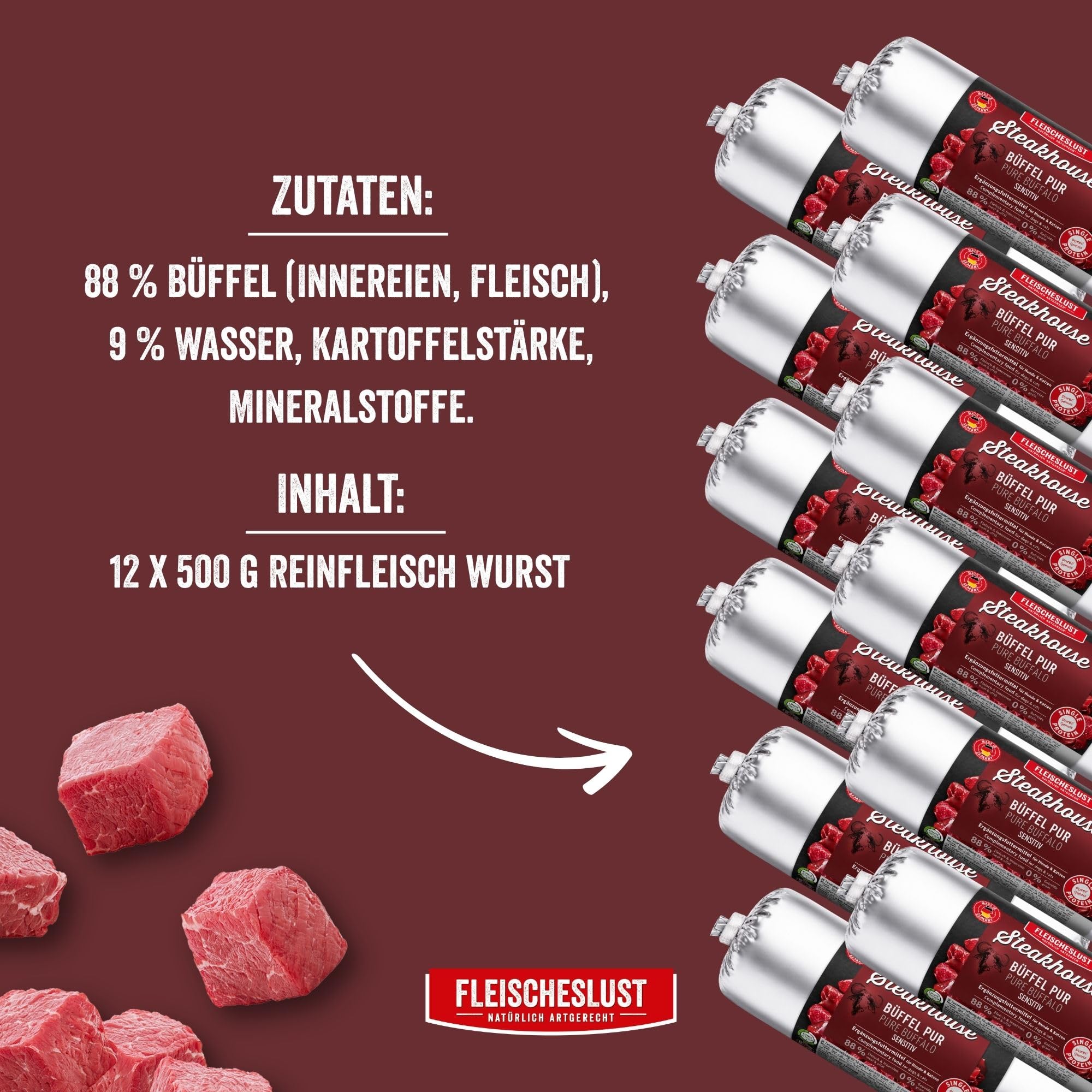 Steakhouse Büffel pur (12x500g), Nassfutter für Hunde & Katzen, sensitives Ergänzungsfutter, Monoprotein, getreidefrei, 12x Wurst von Fleischeslust