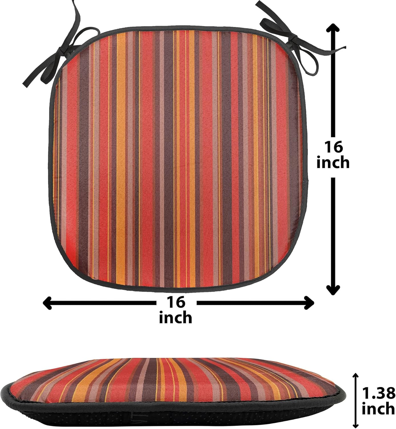 Ambesonne Geometric Chair Seating Cushion Set of 4, Vertical Tiny and Thick Lines Striped Retro Style Graphic Pattern Art, Anti-Slip Seat Padding for Kitchen & Patio, 16"x16", Red Brown Yellow